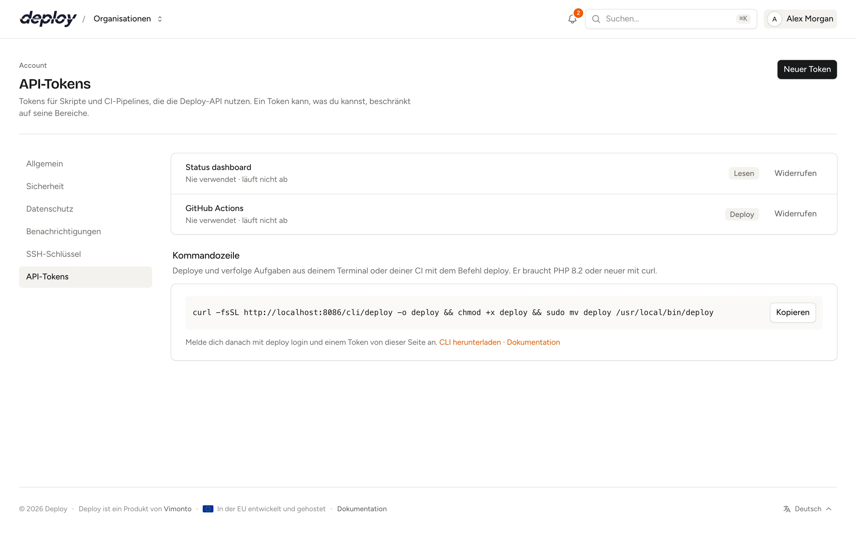 Die Seite API-Tokens in den Account-Einstellungen