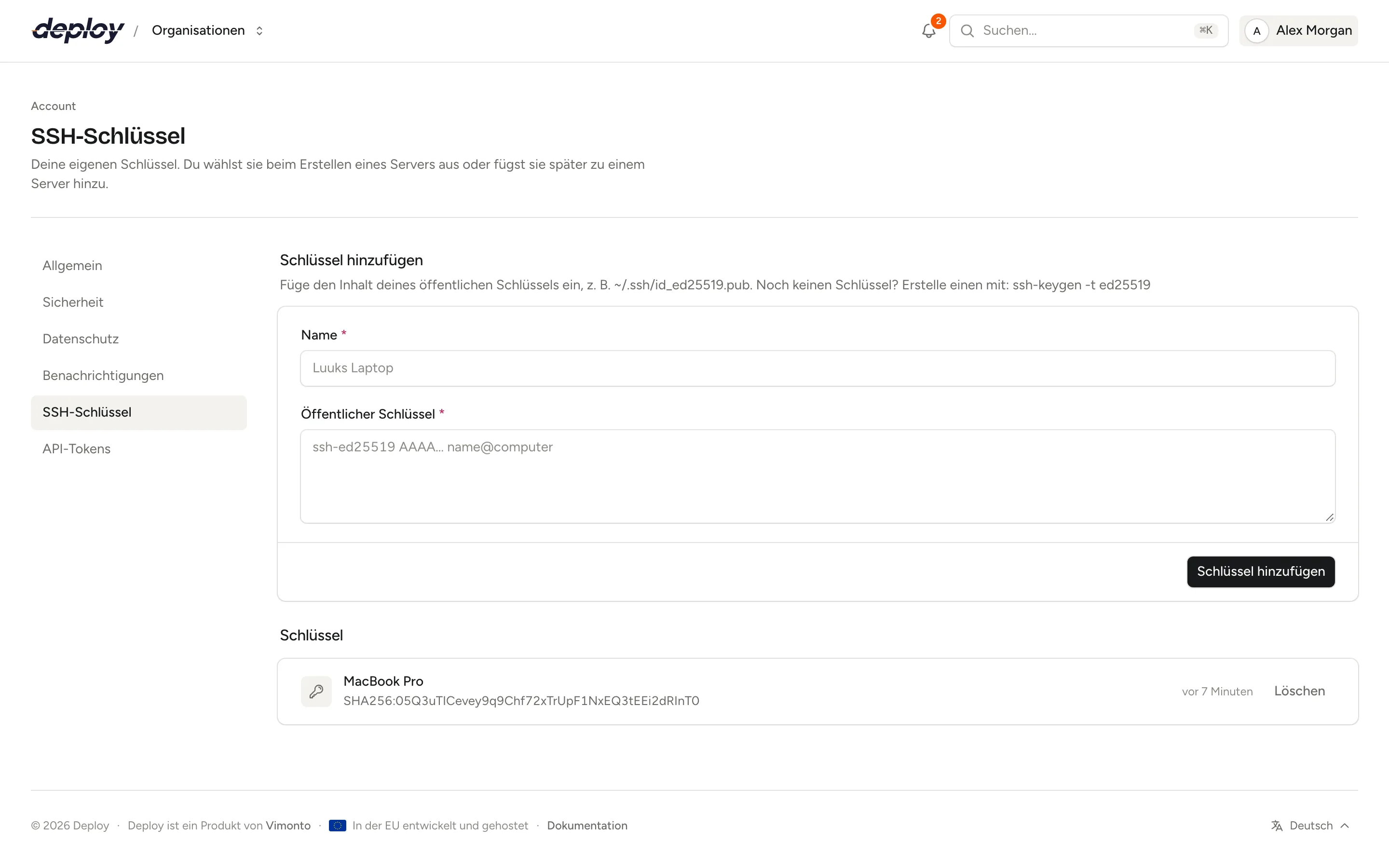 Die Seite SSH-Schlüssel im Account mit einem Formular zum Hinzufügen eines Schlüssels und einer Liste der Schlüssel mit ihren Fingerprints