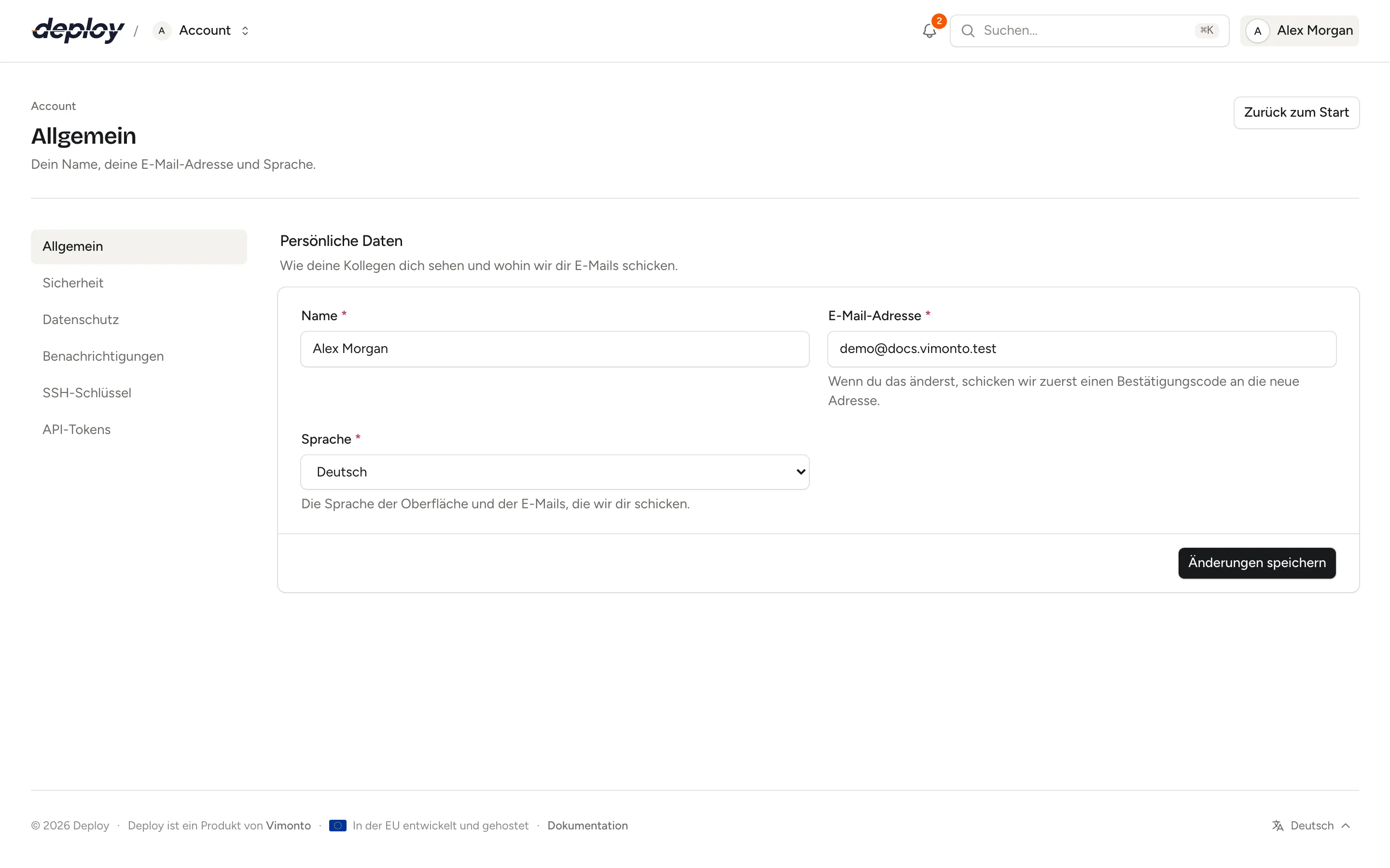 Die Account-Einstellungen mit persönlichen Daten, E-Mail-Adresse und Sprache