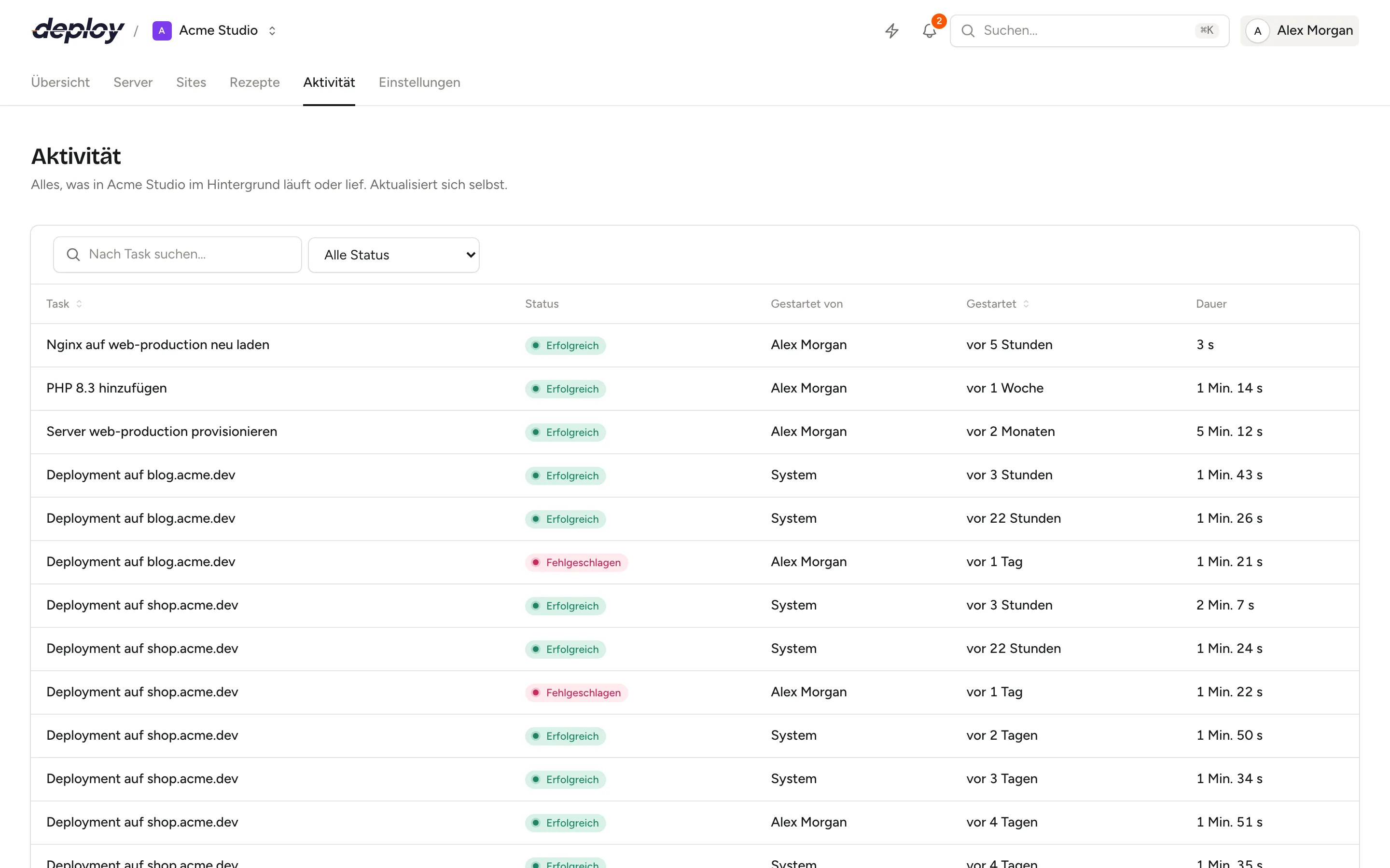 Die Aktivitätsseite mit einer Liste von Tasks, ihrem Status, wer sie gestartet hat und ihrer Dauer