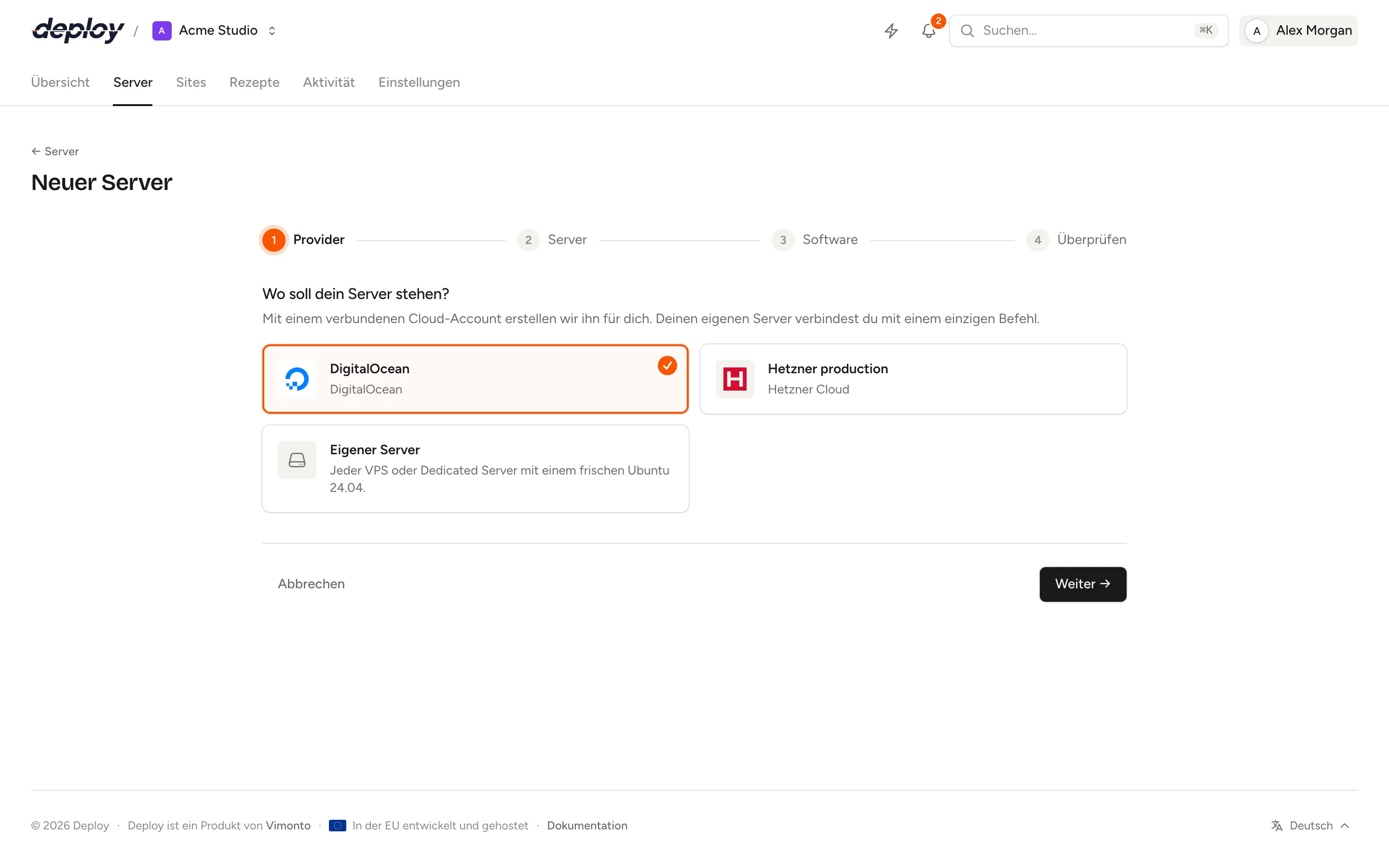Der erste Schritt des Assistenten für neue Server mit den verbundenen Cloud-Accounts und der Option für einen eigenen Server