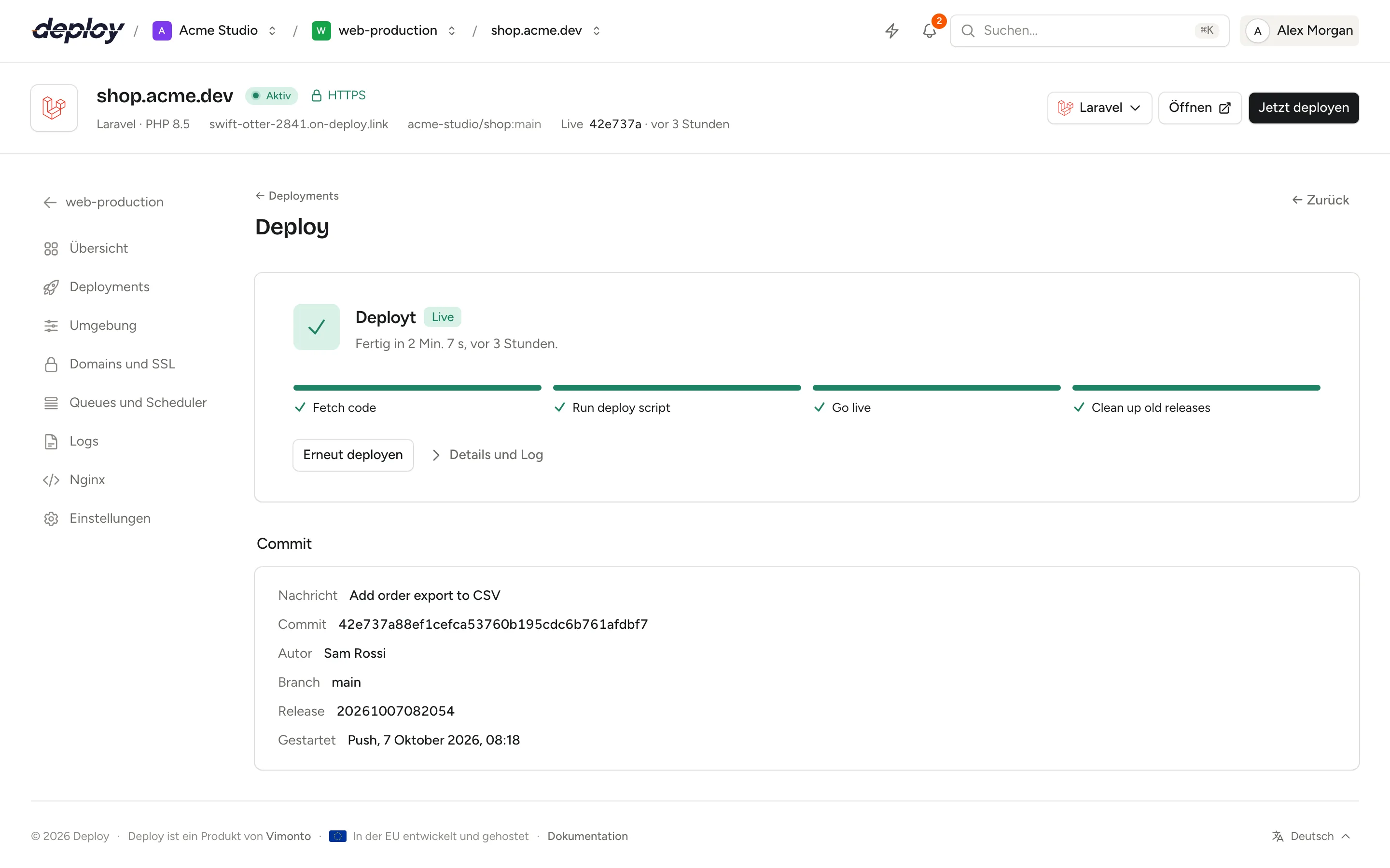 Ein abgeschlossener Deploy mit seinen Phasen, Commit-Details und Log