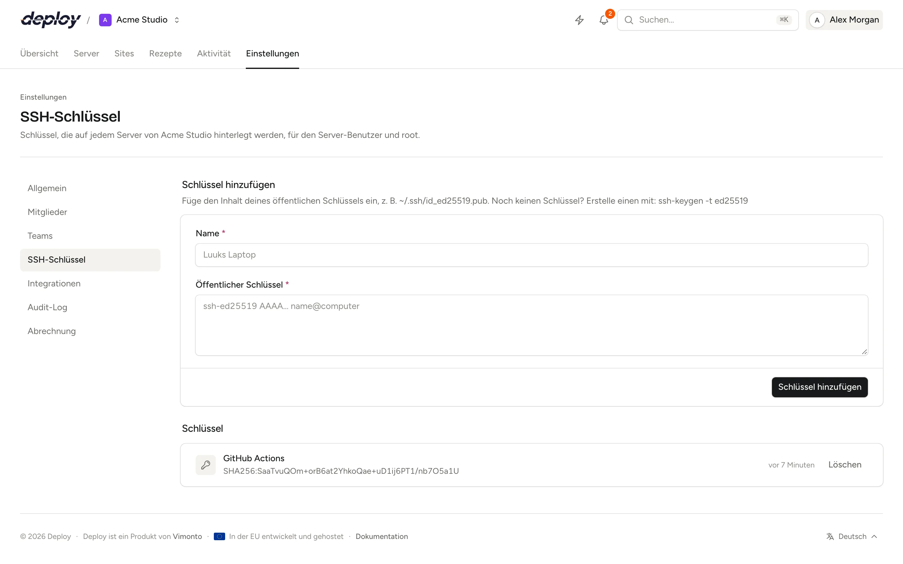 Die Seite SSH-Schlüssel der Organisation in den Einstellungen