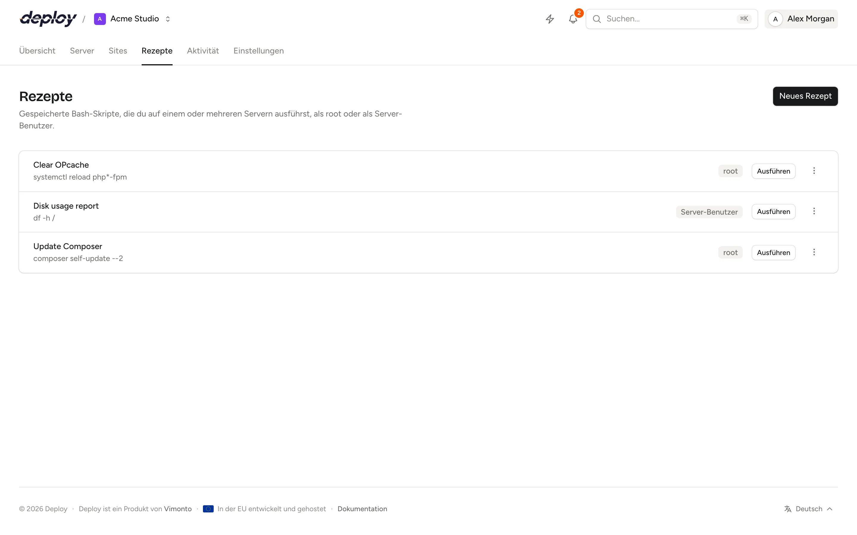 Die Rezeptseite mit gespeicherten Rezepten und den letzten Ausführungen pro Server