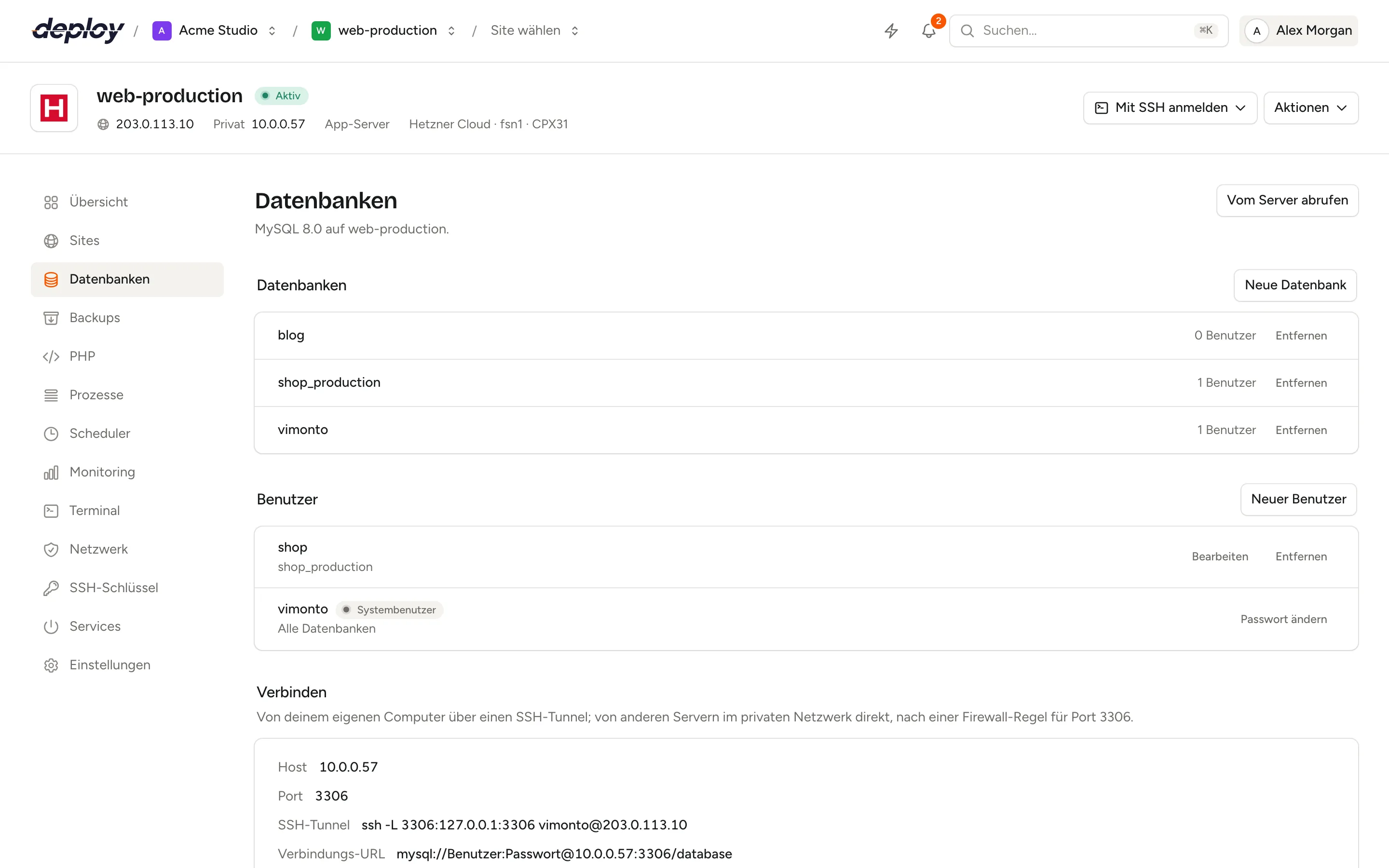 Die Seite Datenbanken mit einer Liste von Datenbanken, ihren Benutzern und den Verbindungsdaten