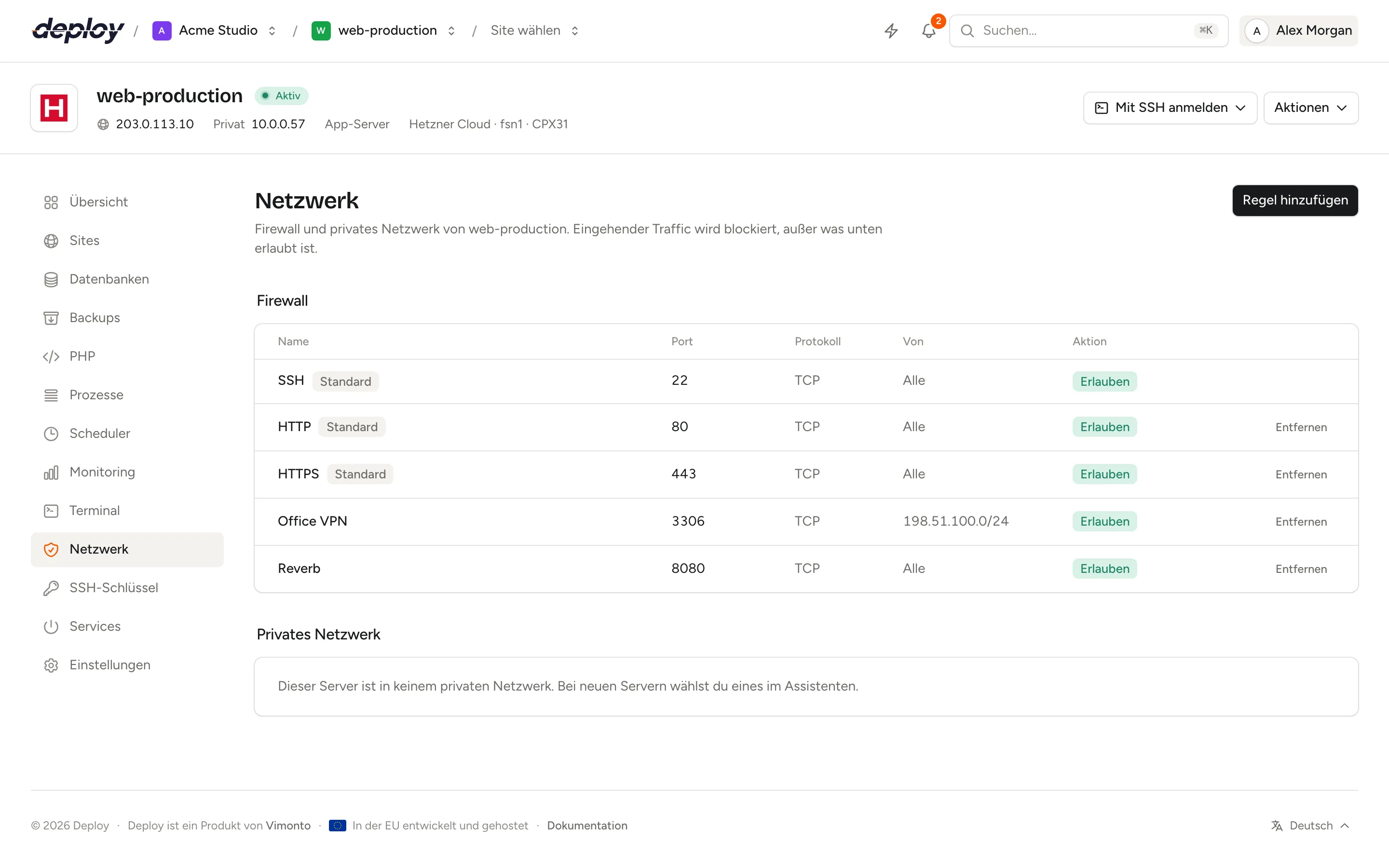 Die Seite Netzwerk mit den Standardregeln für SSH, HTTP und HTTPS und einer MySQL-Regel für das private Netzwerk