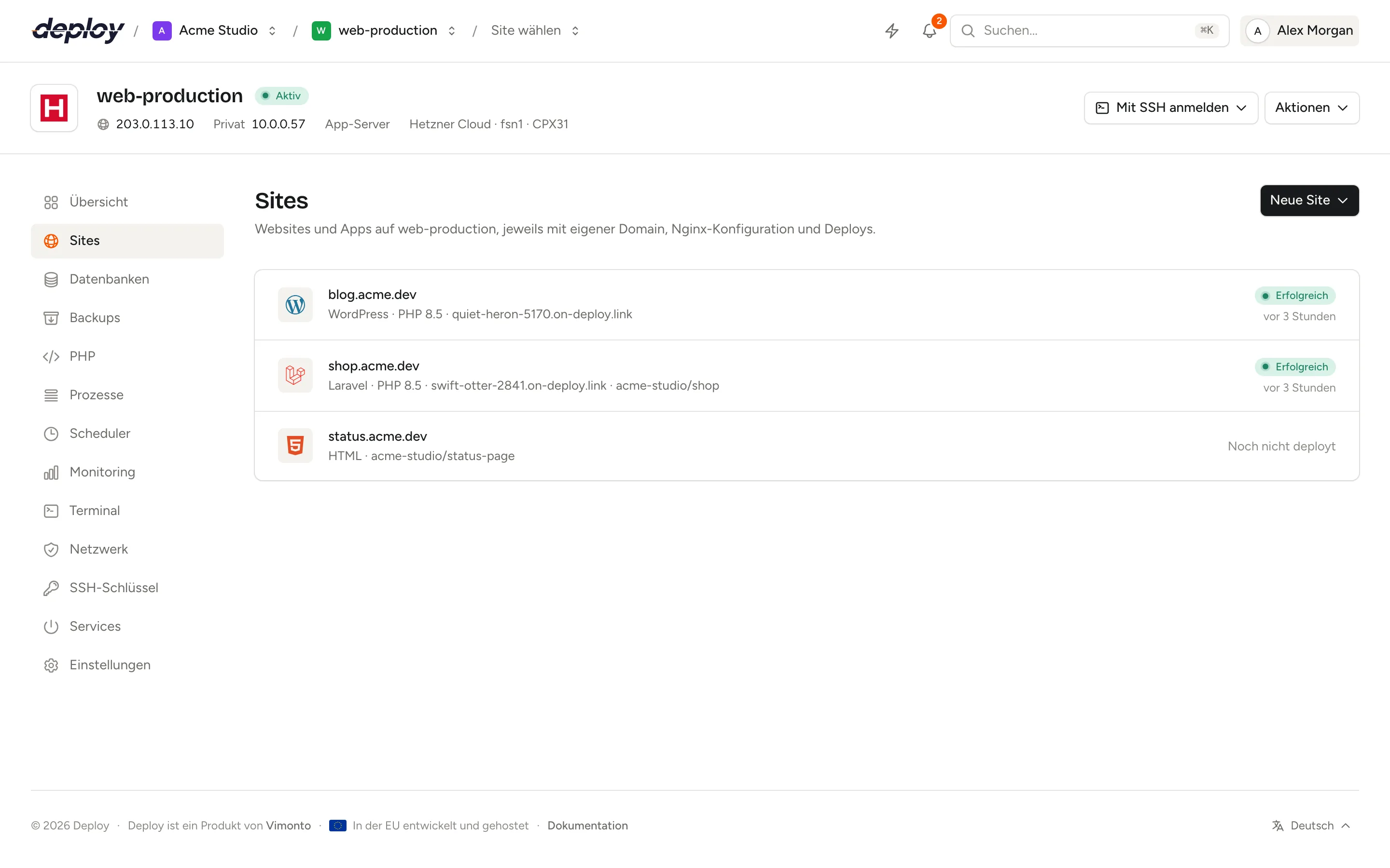 Die Sites eines Servers mit ihren Domains und letzten Deploys