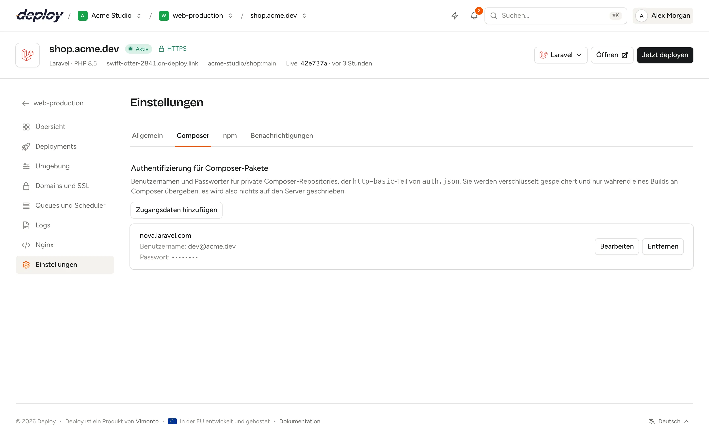 Der Tab Composer in den Einstellungen einer Site mit gespeicherten Zugangsdaten für repo.packagist.com