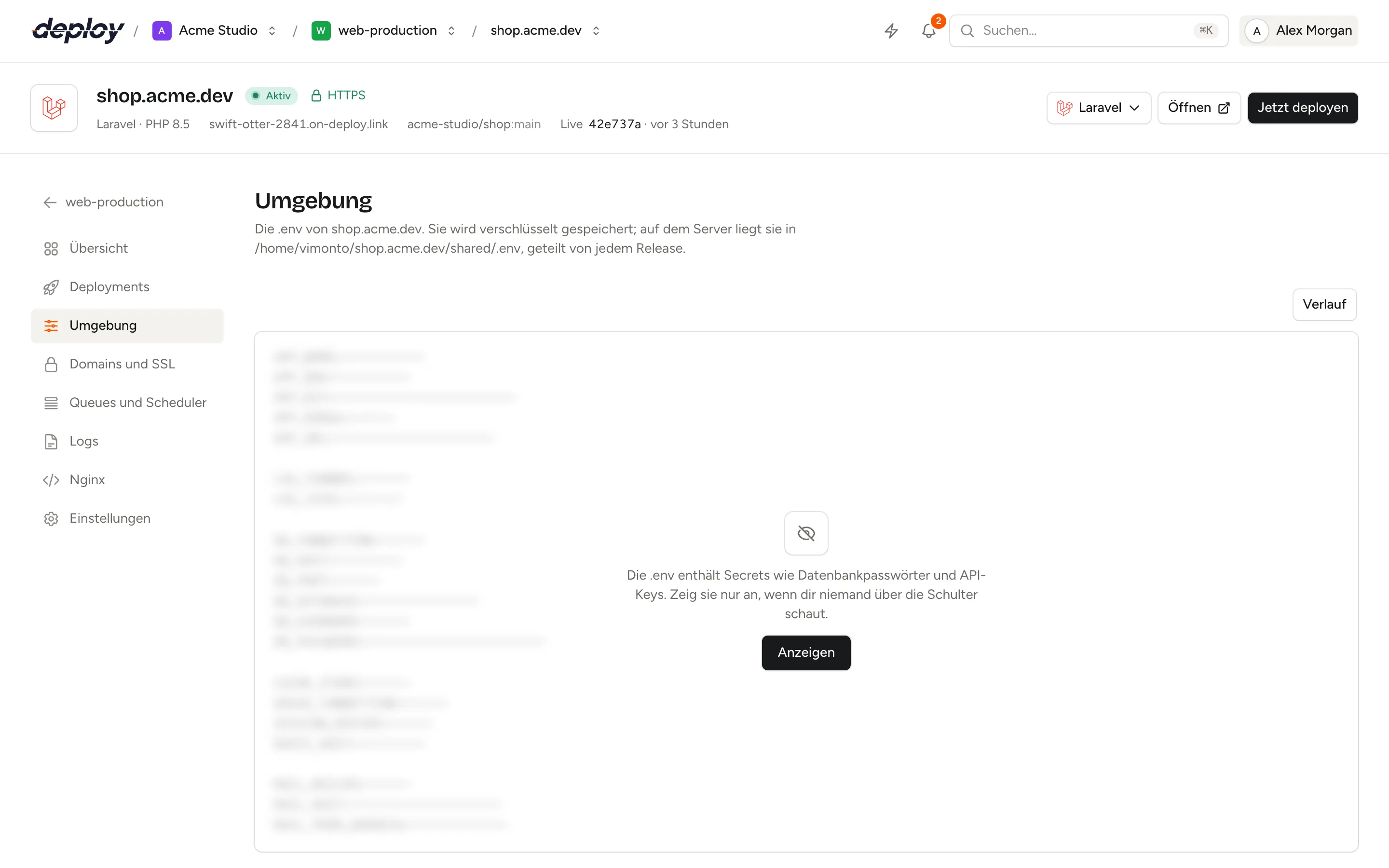 Die Seite Umgebung mit dem .env-Editor