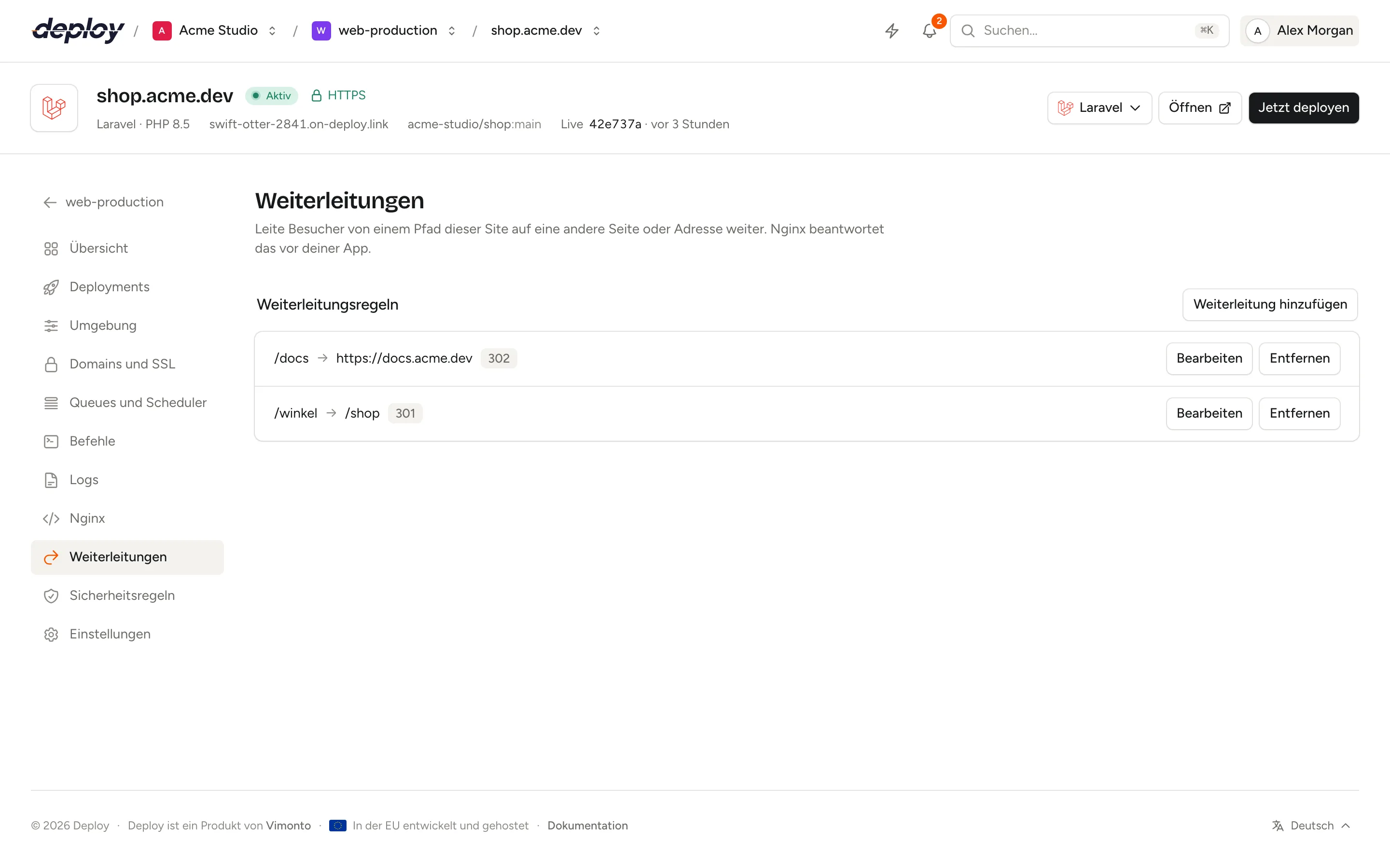 Die Seite Weiterleitungen einer Site mit Weiterleitungsregeln von alten Pfaden zu neuen Seiten und ihrem Typ