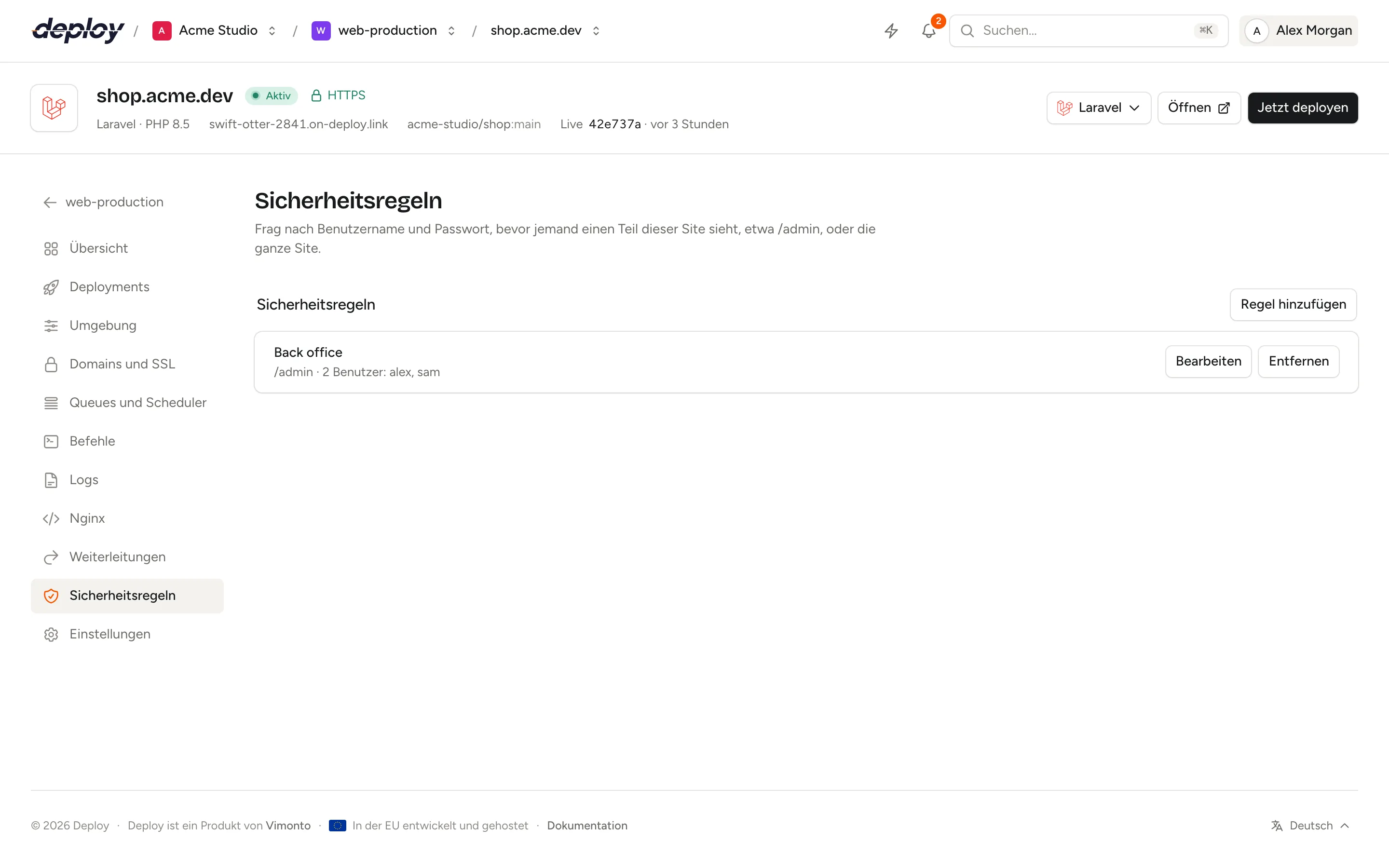 Die Seite Sicherheitsregeln einer Site mit einer Regel für /admin und ihren Benutzern