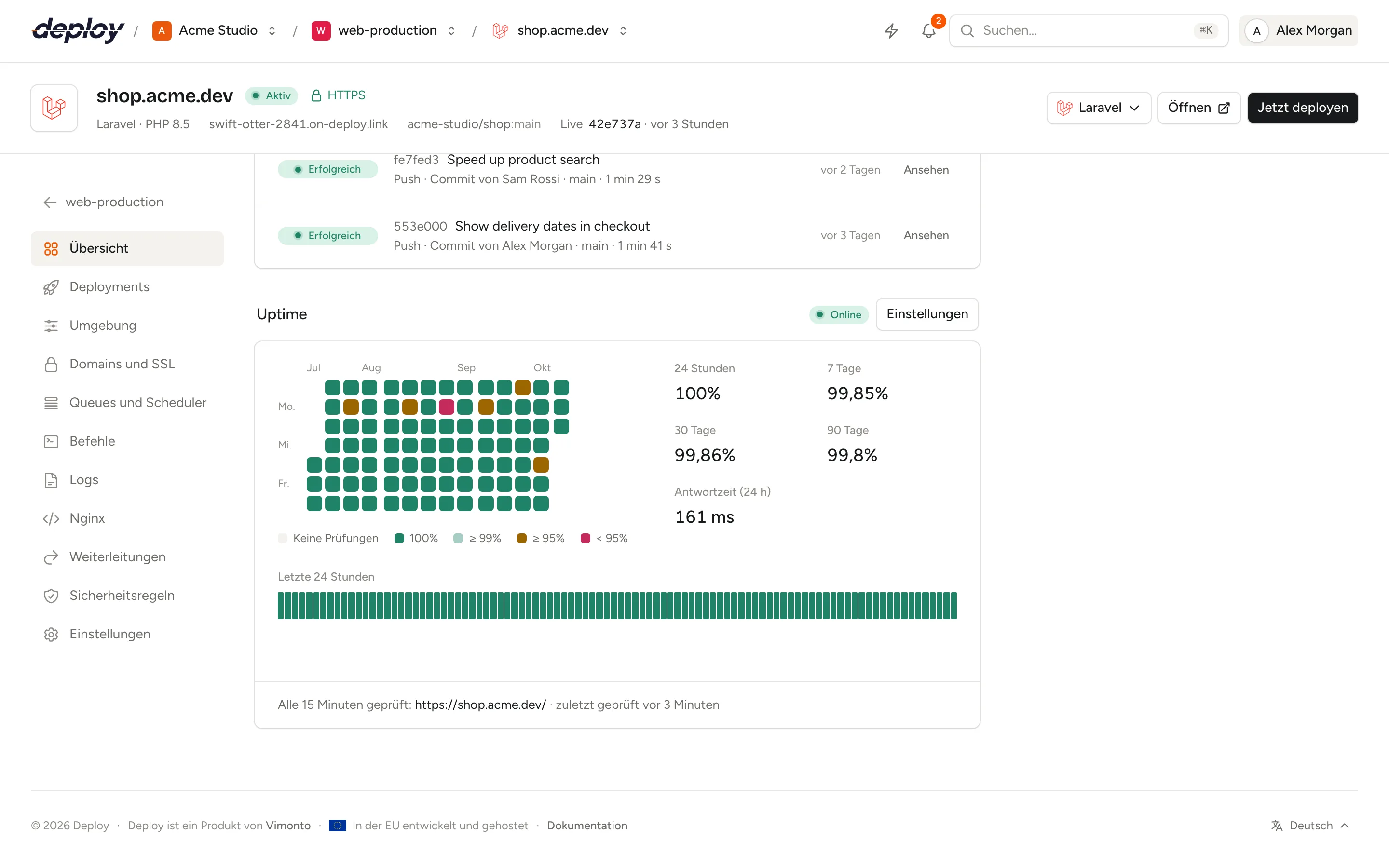 Der Bereich Uptime einer Site mit Status, Uptime-Prozenten, einem Raster von 90 Tagen und einem Streifen der letzten 24 Stunden