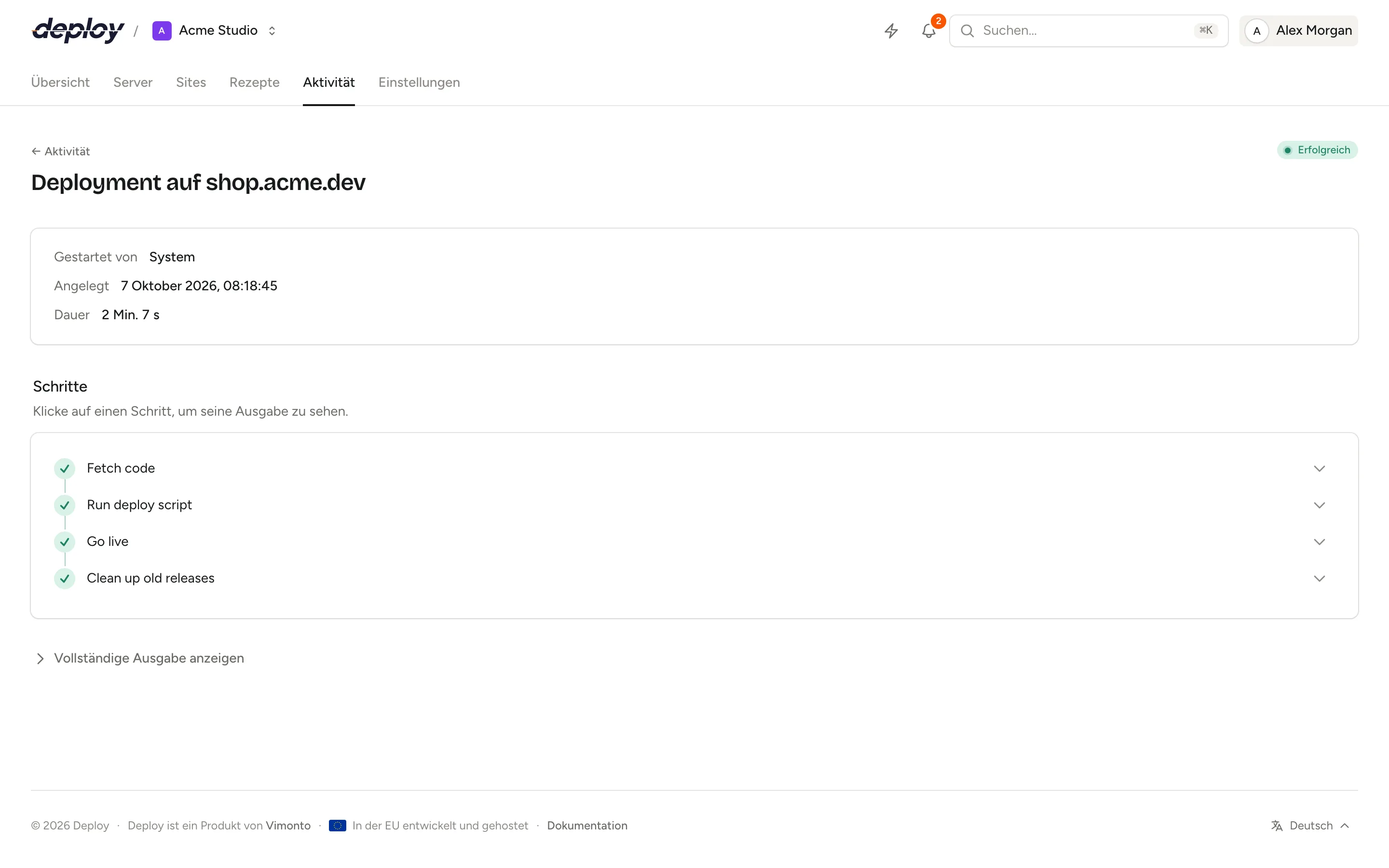 Die Detailseite eines Jobs mit seinen Schritten, ihrem Status und der Ausgabe jedes Schritts