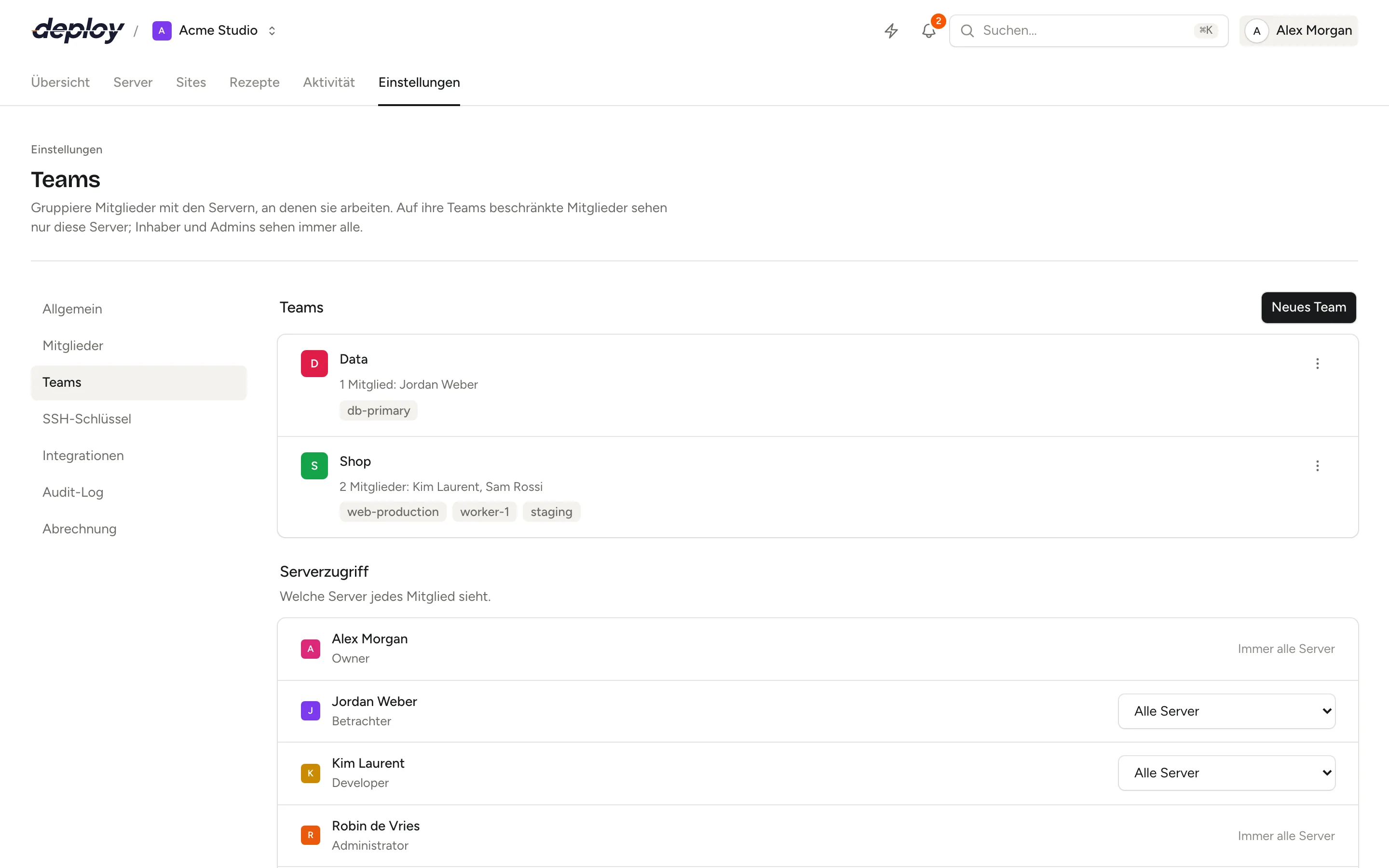 Die Seite Teams mit einer Liste von Teams, ihren Mitgliedern und Servern sowie dem Serverzugriff jedes Mitglieds
