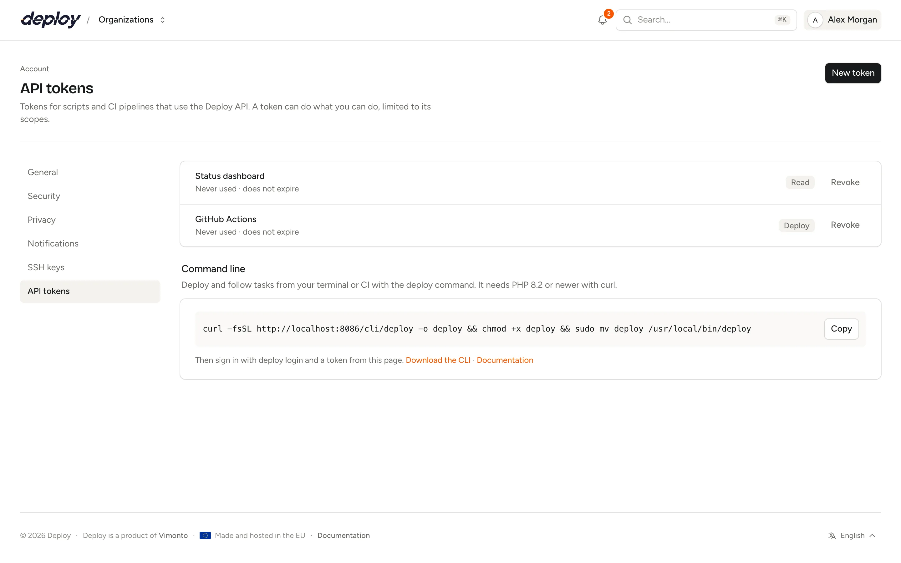 The API tokens page in the account settings