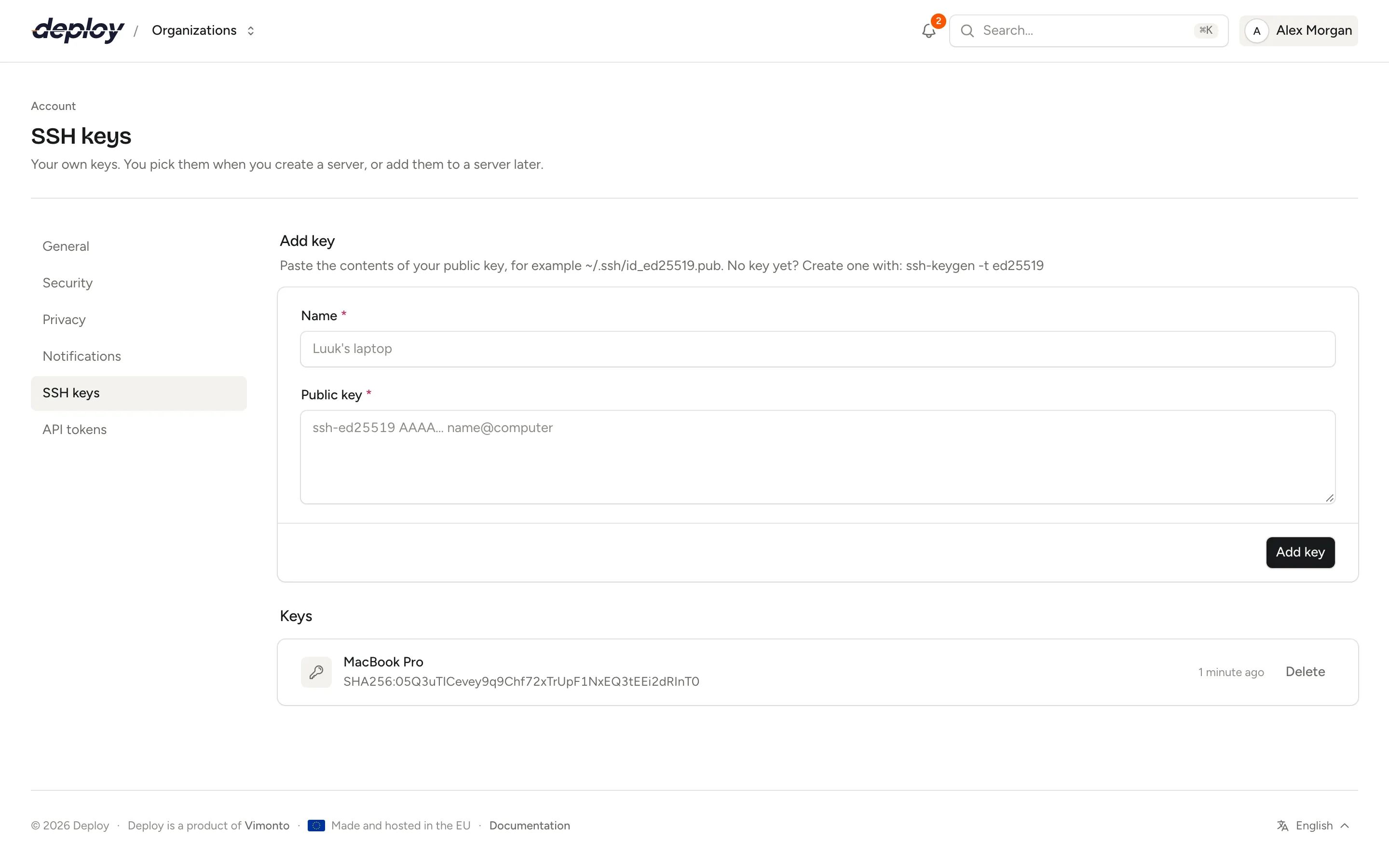 The account SSH keys page with a form to add a key and a list of keys with their fingerprints