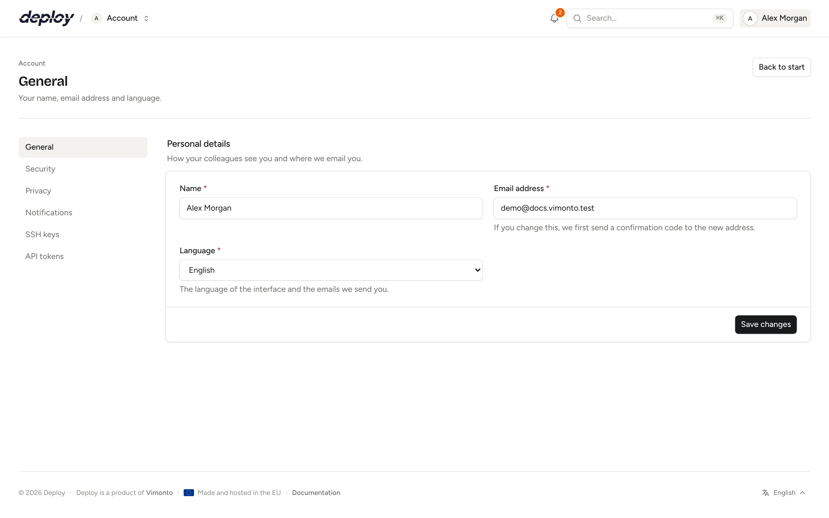 The account settings with personal details, email address and language