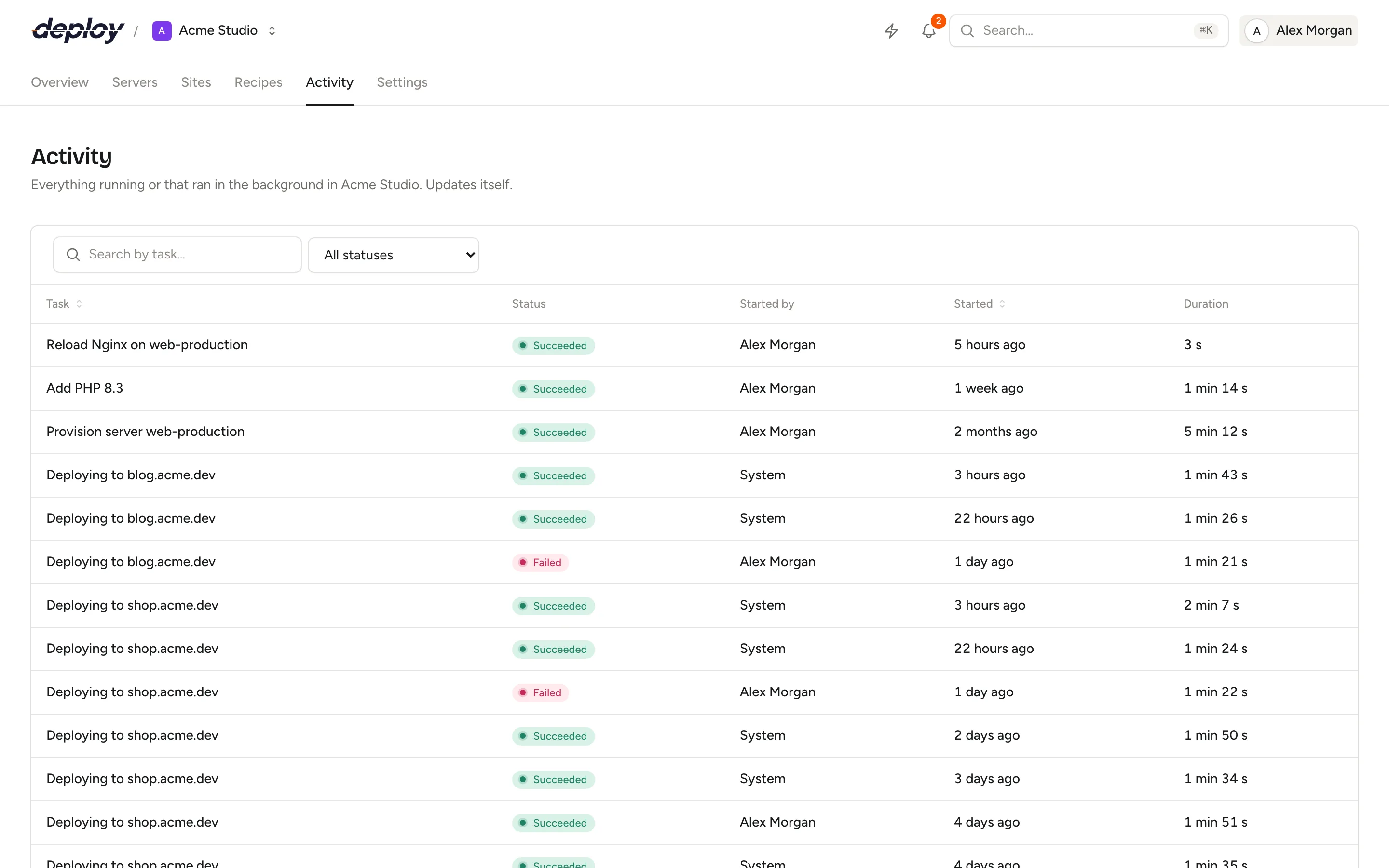 The activity page with a list of tasks, their status, who started them and their duration