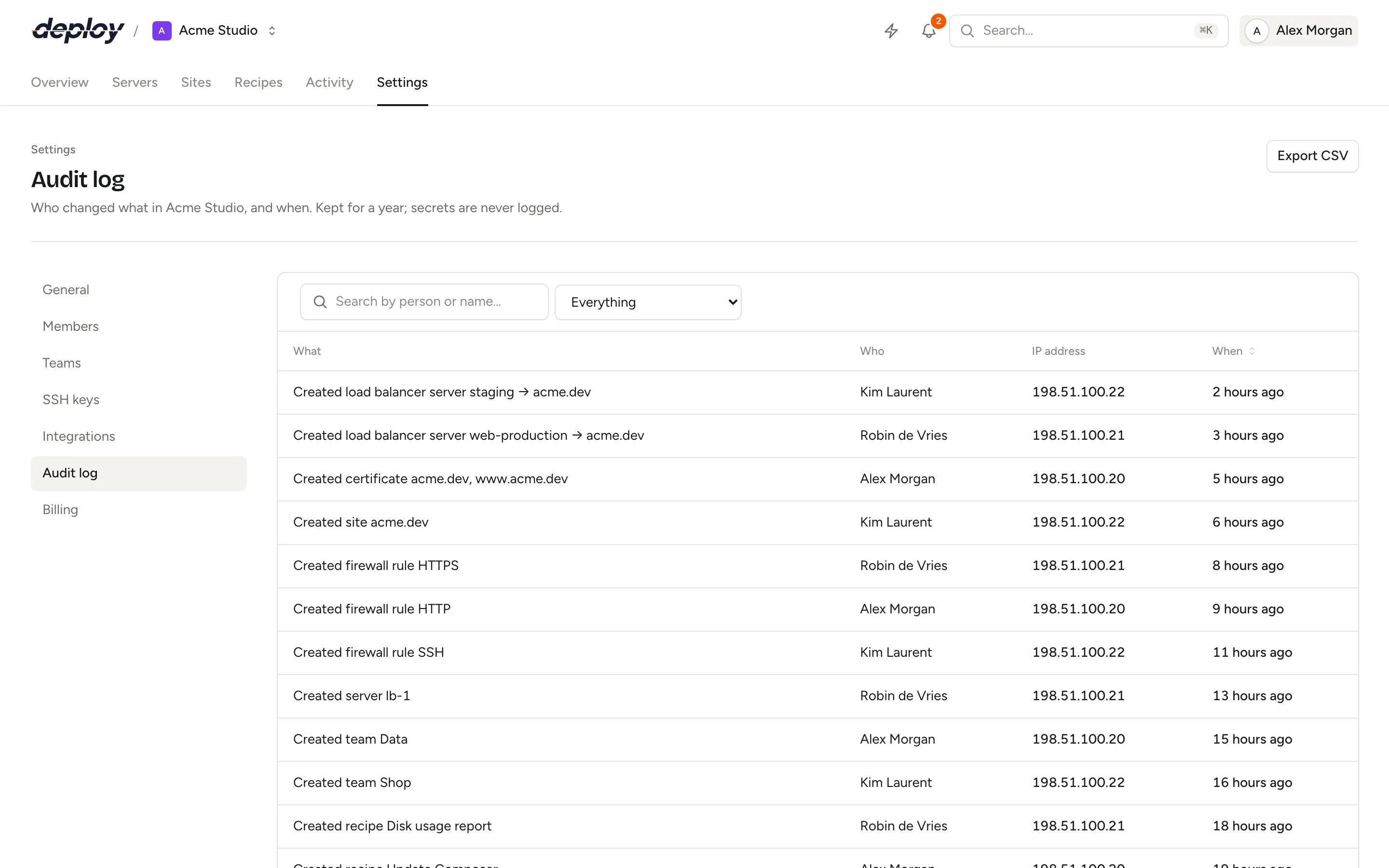 The audit log with what changed, who did it, the IP address and when