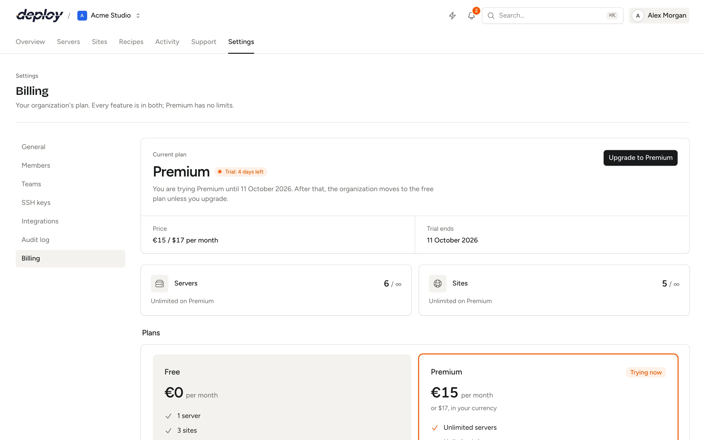 The billing page with the current plan, the usage of servers and sites, and the two plans