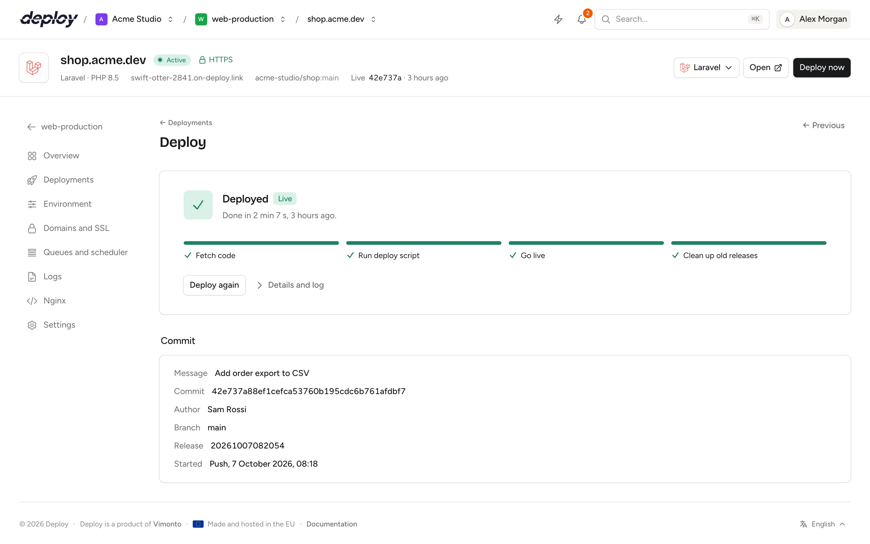 A finished deploy with its phases, commit details and log