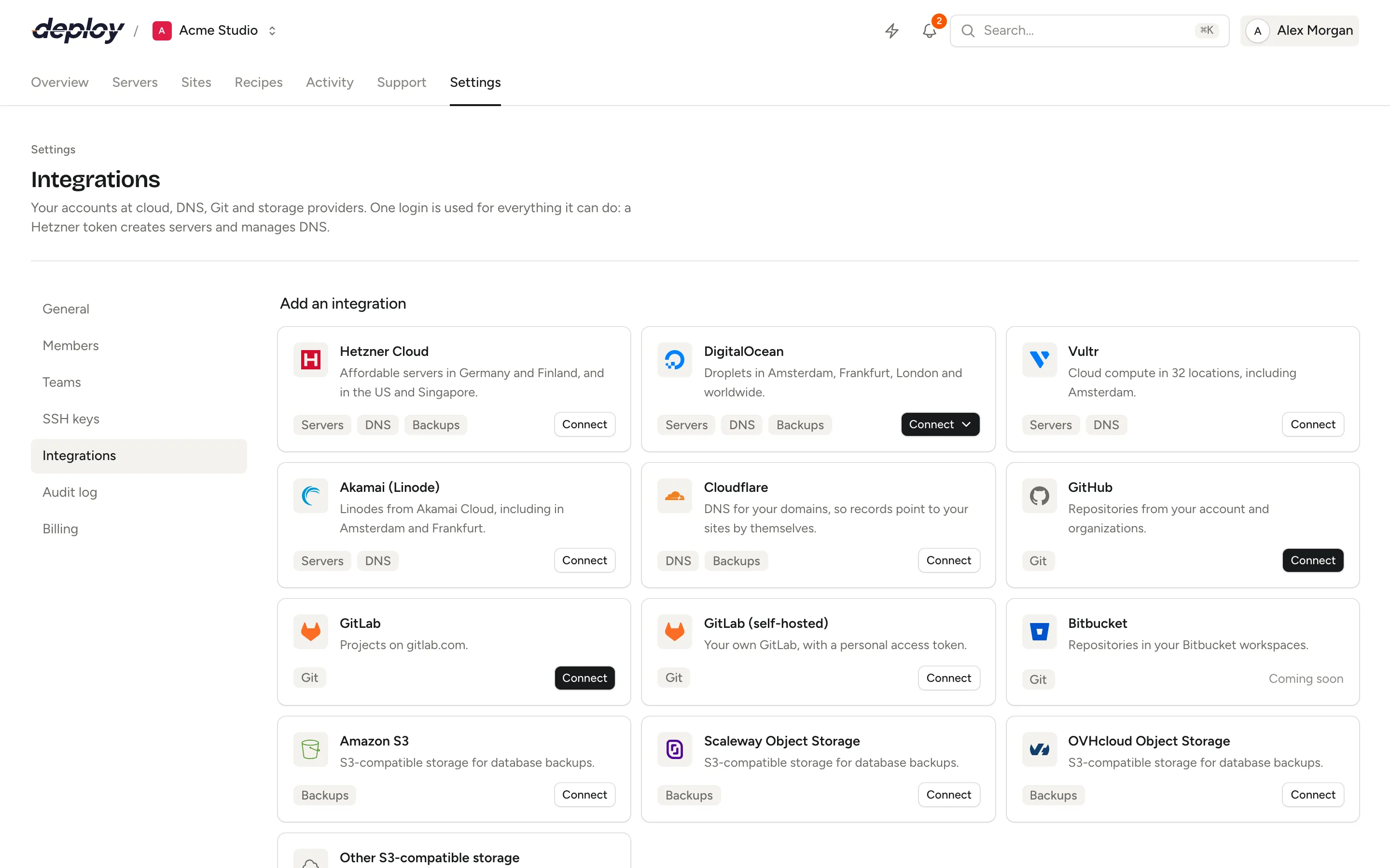 The Integrations page with the catalog of providers and the connected accounts