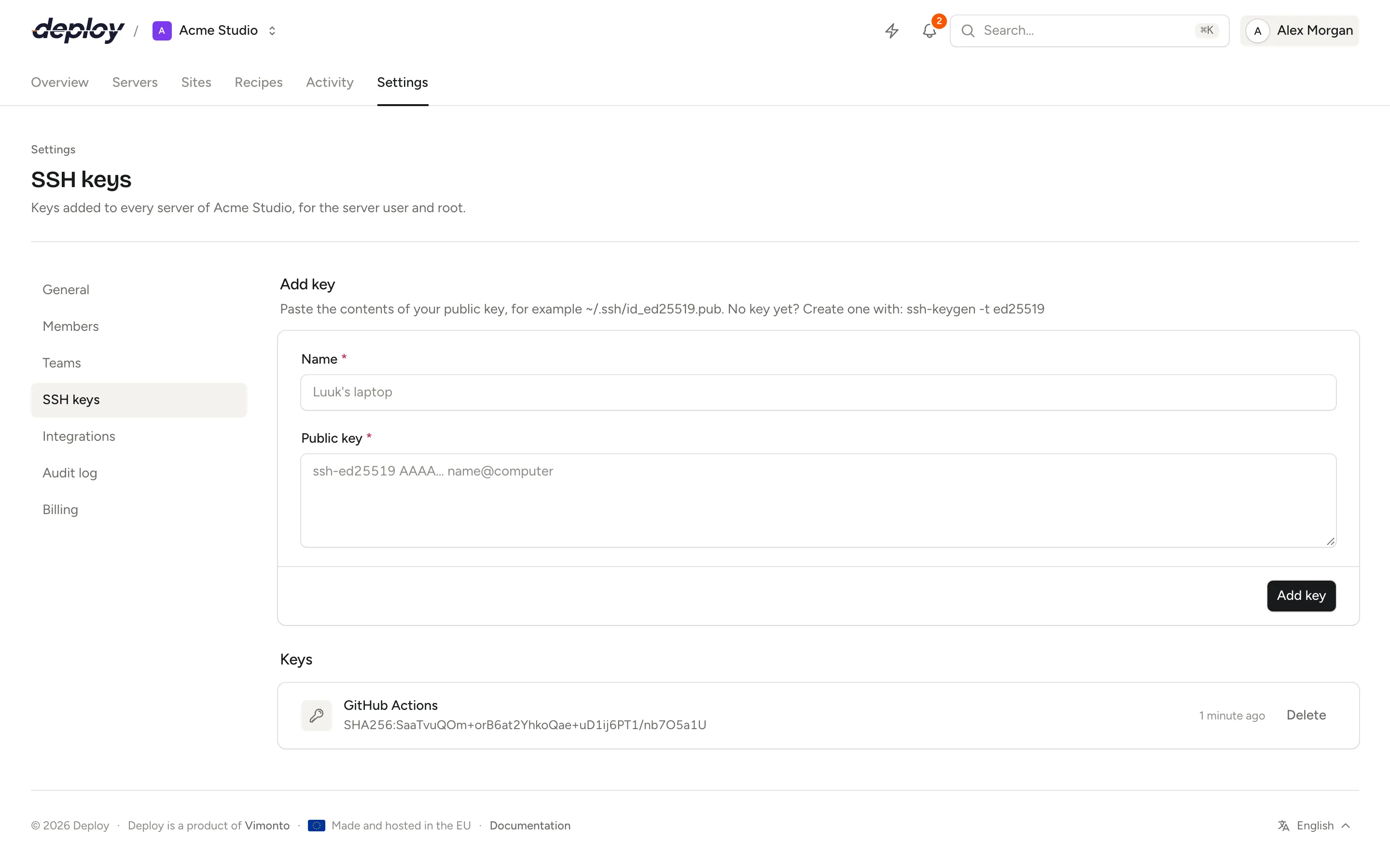 The organization SSH keys page in the settings