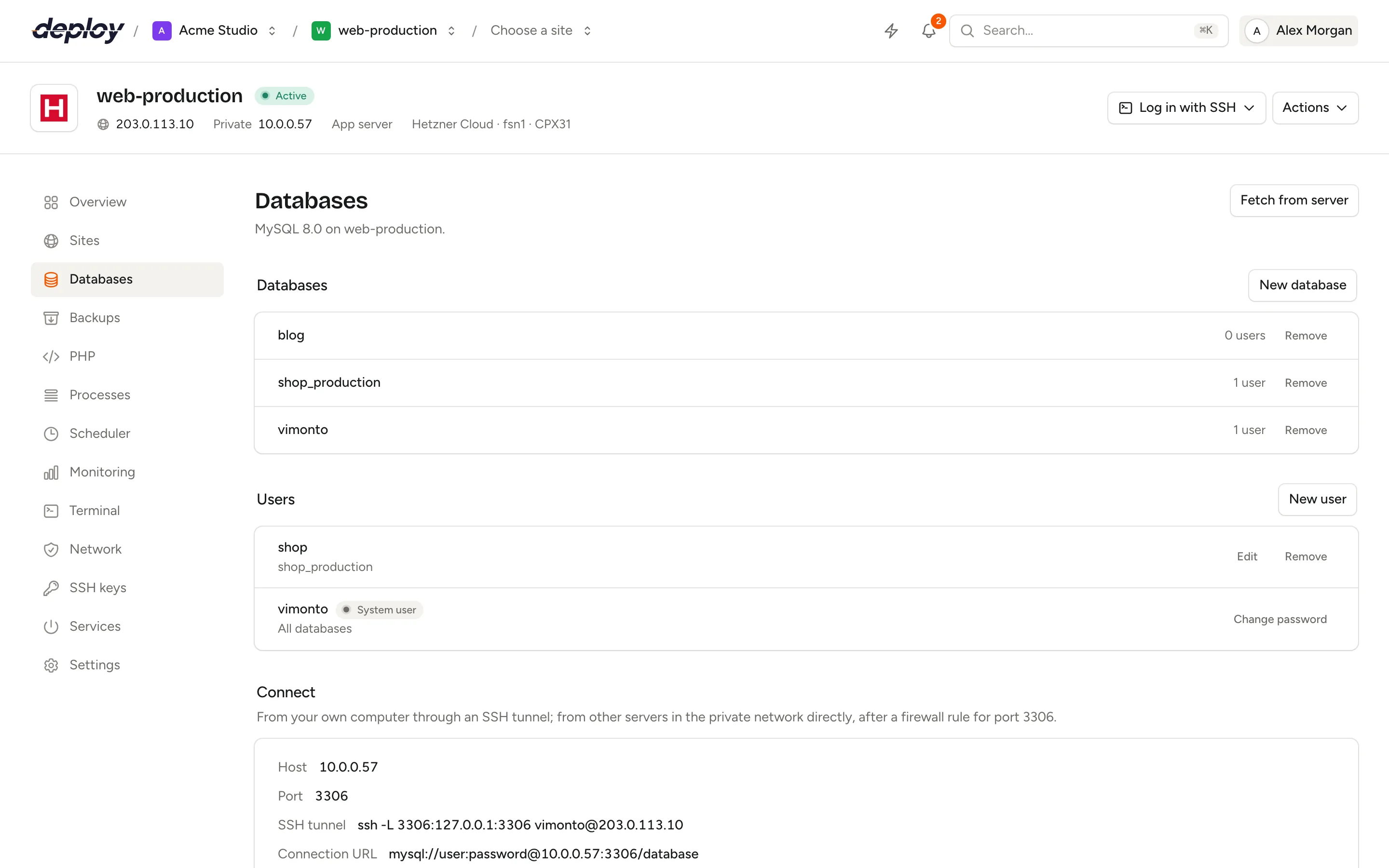 The Databases page with a list of databases, their users and the connection details