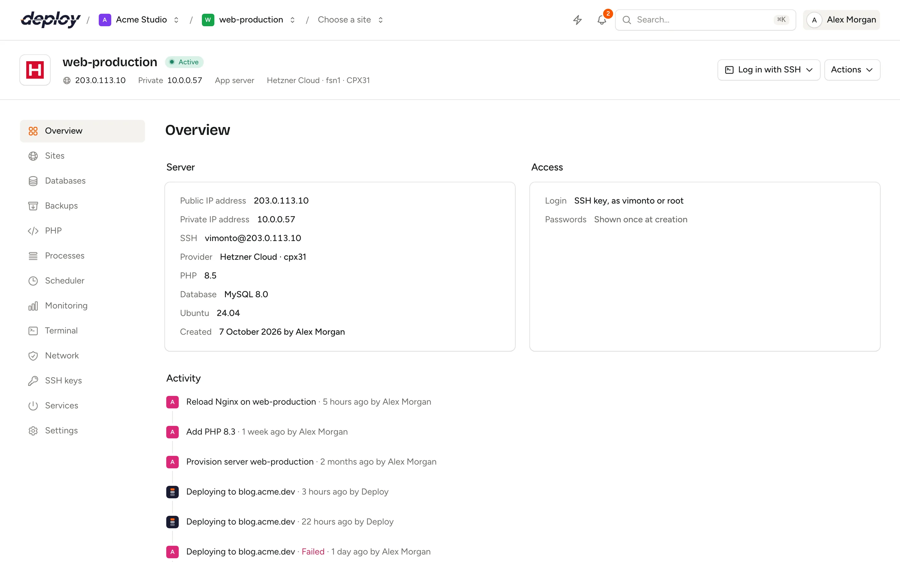 The overview of a server with its IP addresses, SSH login, provider, PHP and database versions, and the activity timeline
