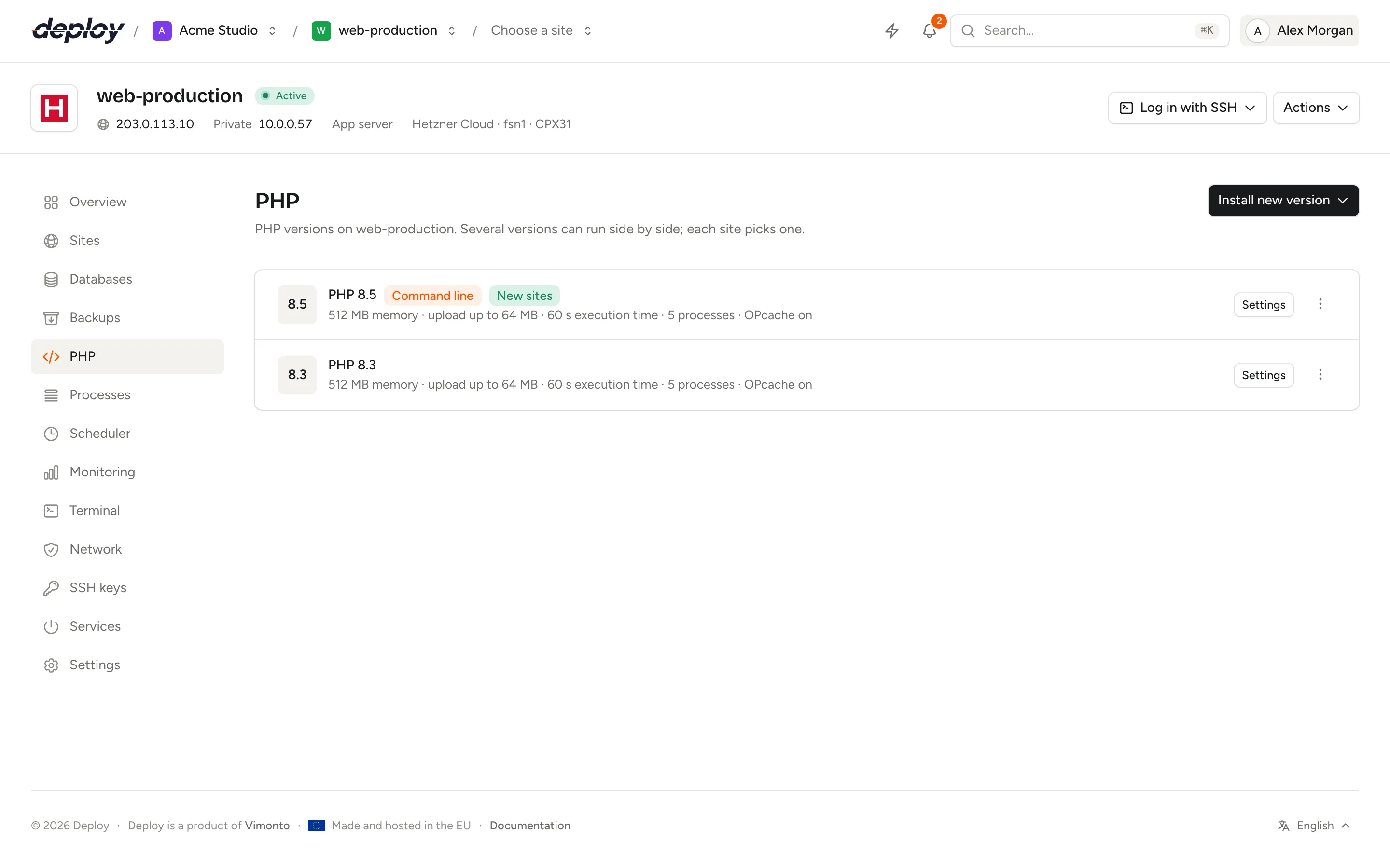 The PHP page of a server with PHP 8.5 and 8.4 installed, their default badges and settings