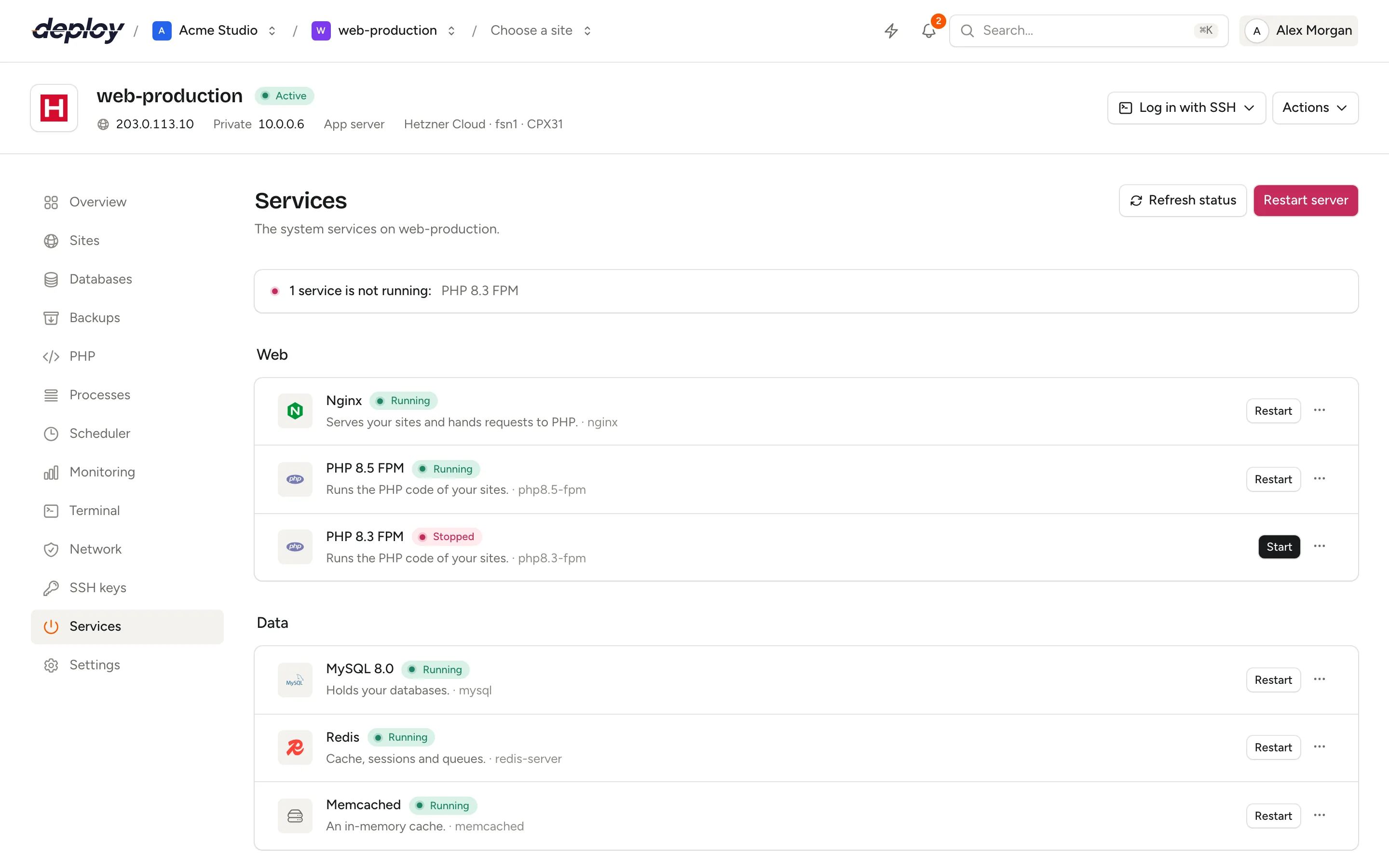 The Services page of a server: a summary line saying all services are running, then Nginx, PHP-FPM, MySQL, Redis and other services grouped under Web, Data and System, each with a Running status, a Restart button and a menu