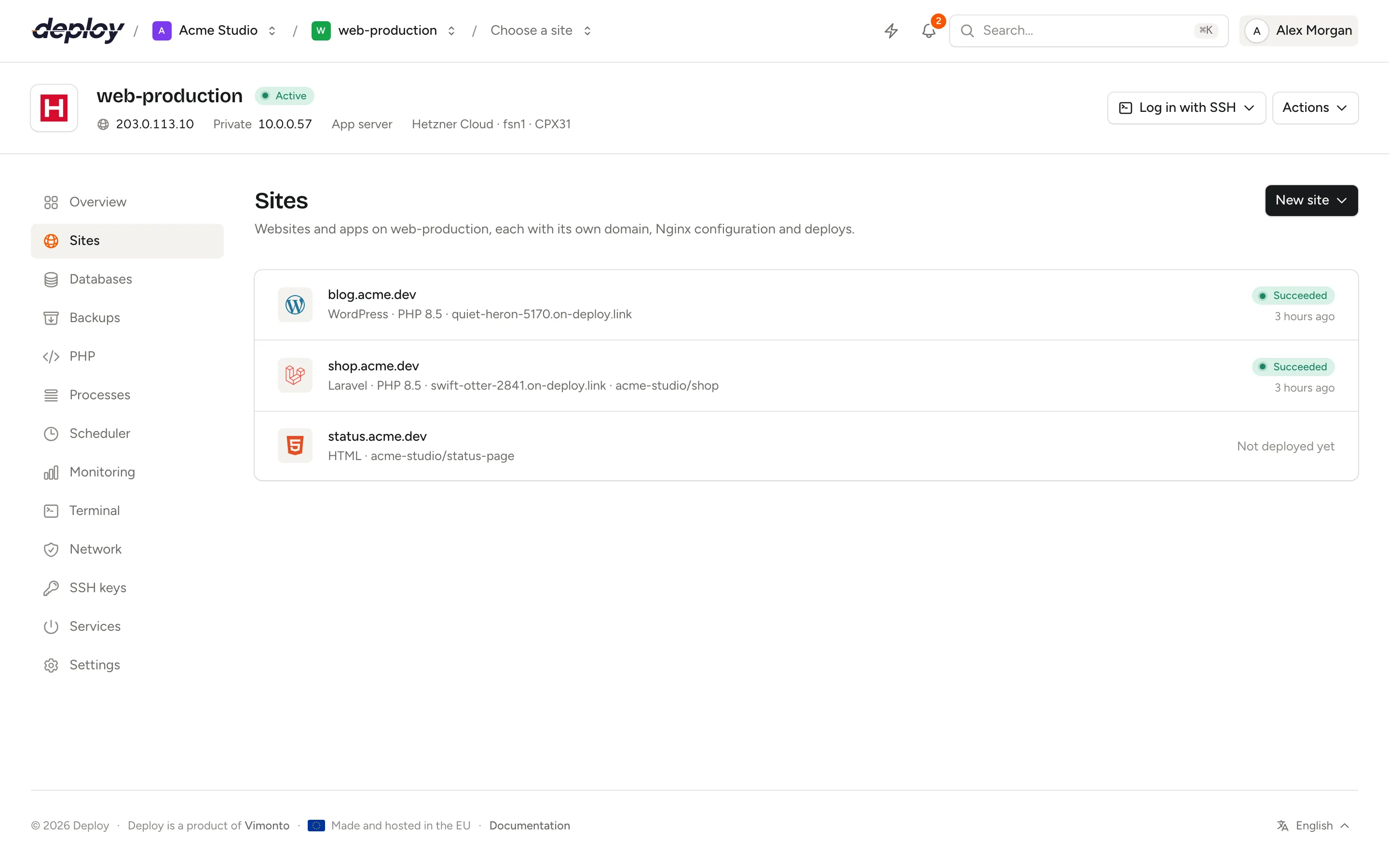 The sites of a server with their domains and last deploys