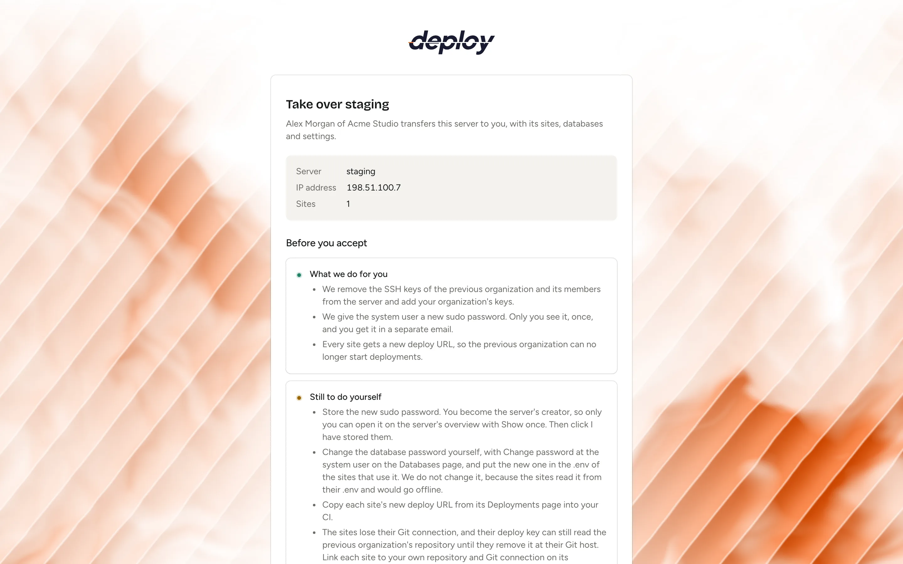 The page where the new owner accepts a server transfer, with the server, its IP address, the number of sites and the organization to move it into
