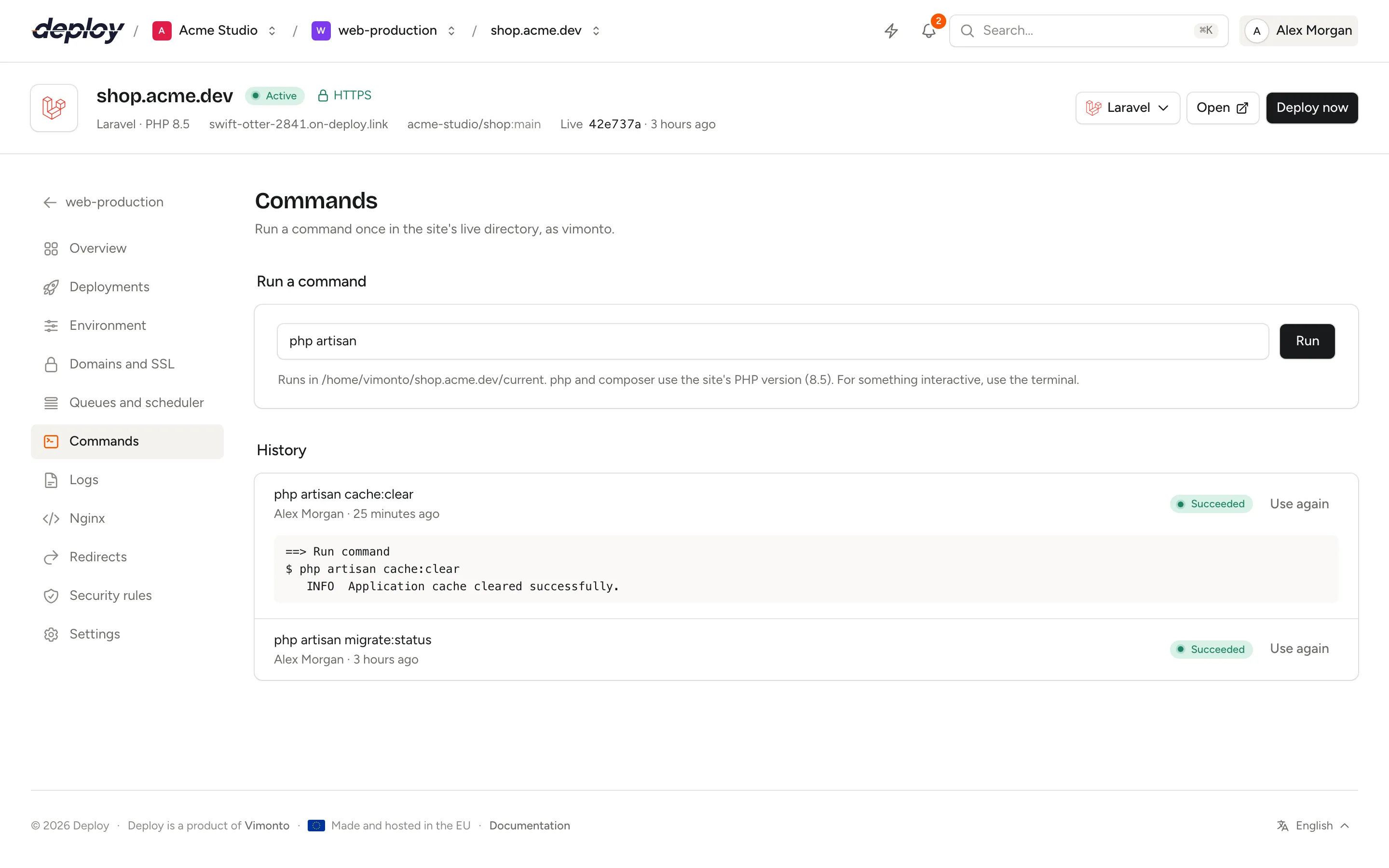 The Commands page of a site with a command field and the history of earlier commands with their status