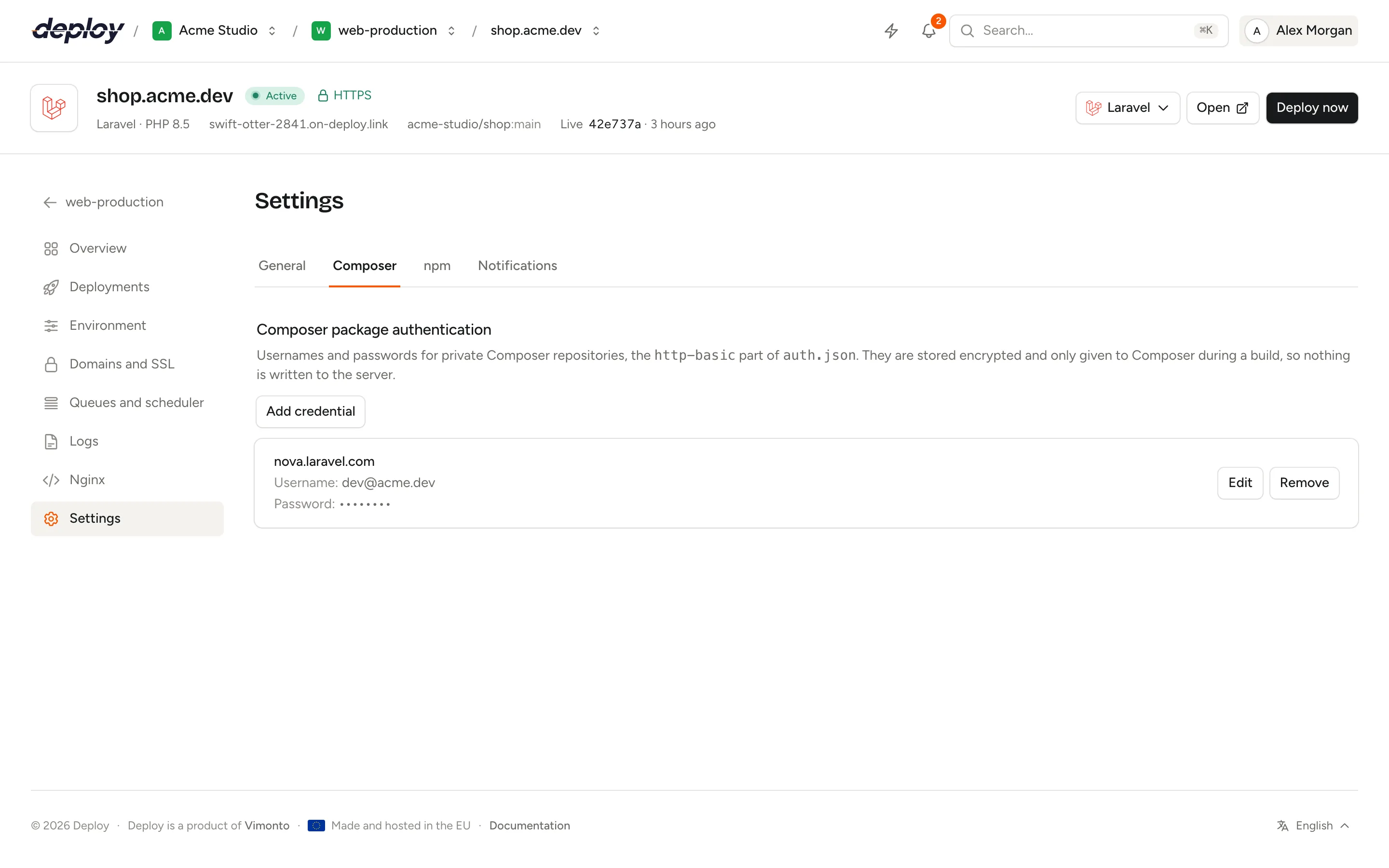 The Composer tab of a site's settings with a saved credential for repo.packagist.com