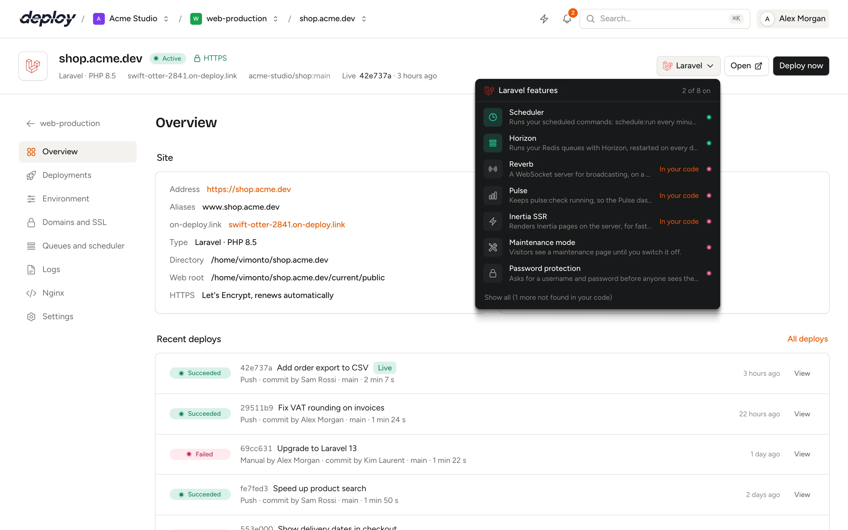 The Laravel features menu in the site header with Horizon and the scheduler switched on