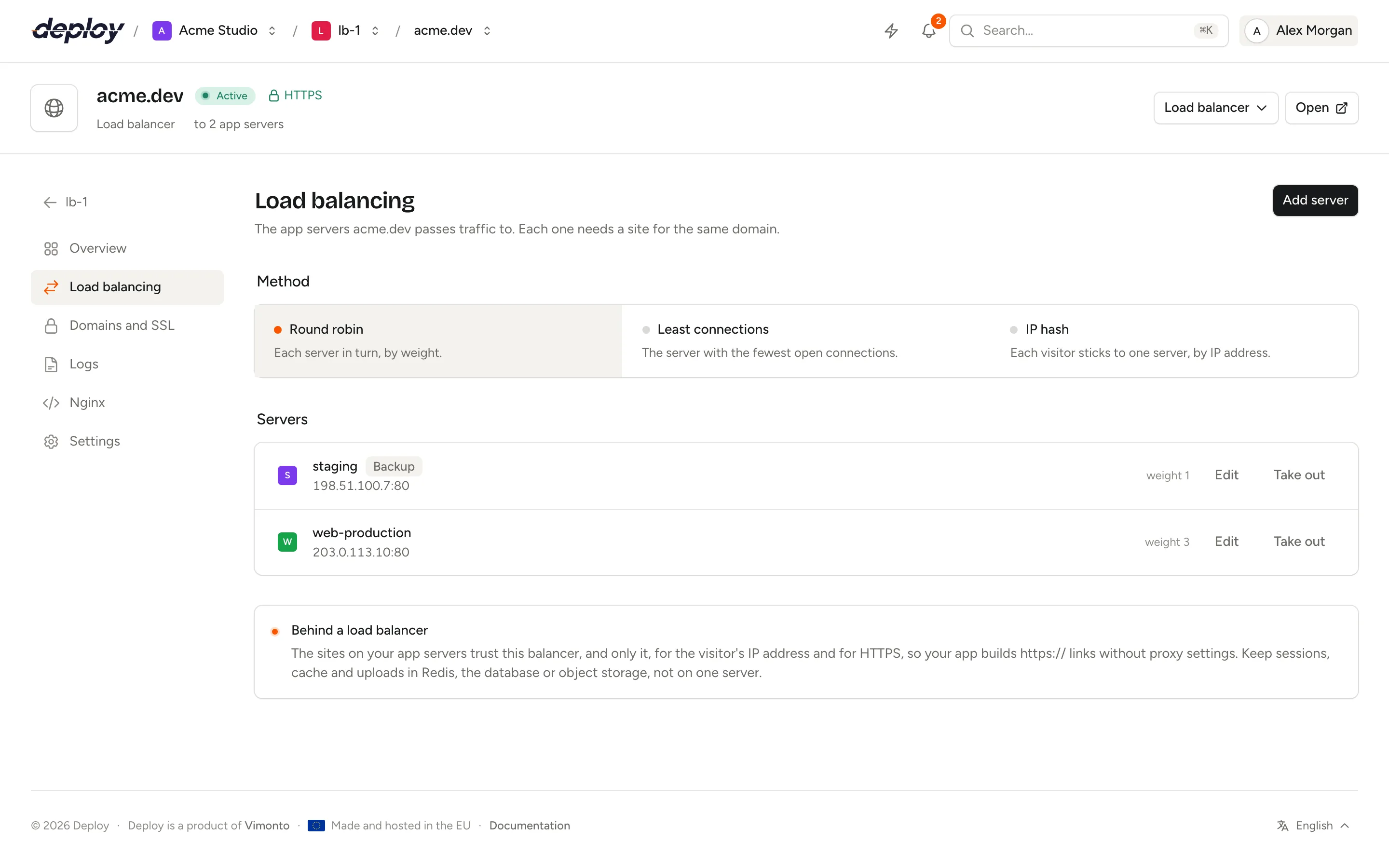 The Load balancing page of a site with the balancing method, two app servers and their weights