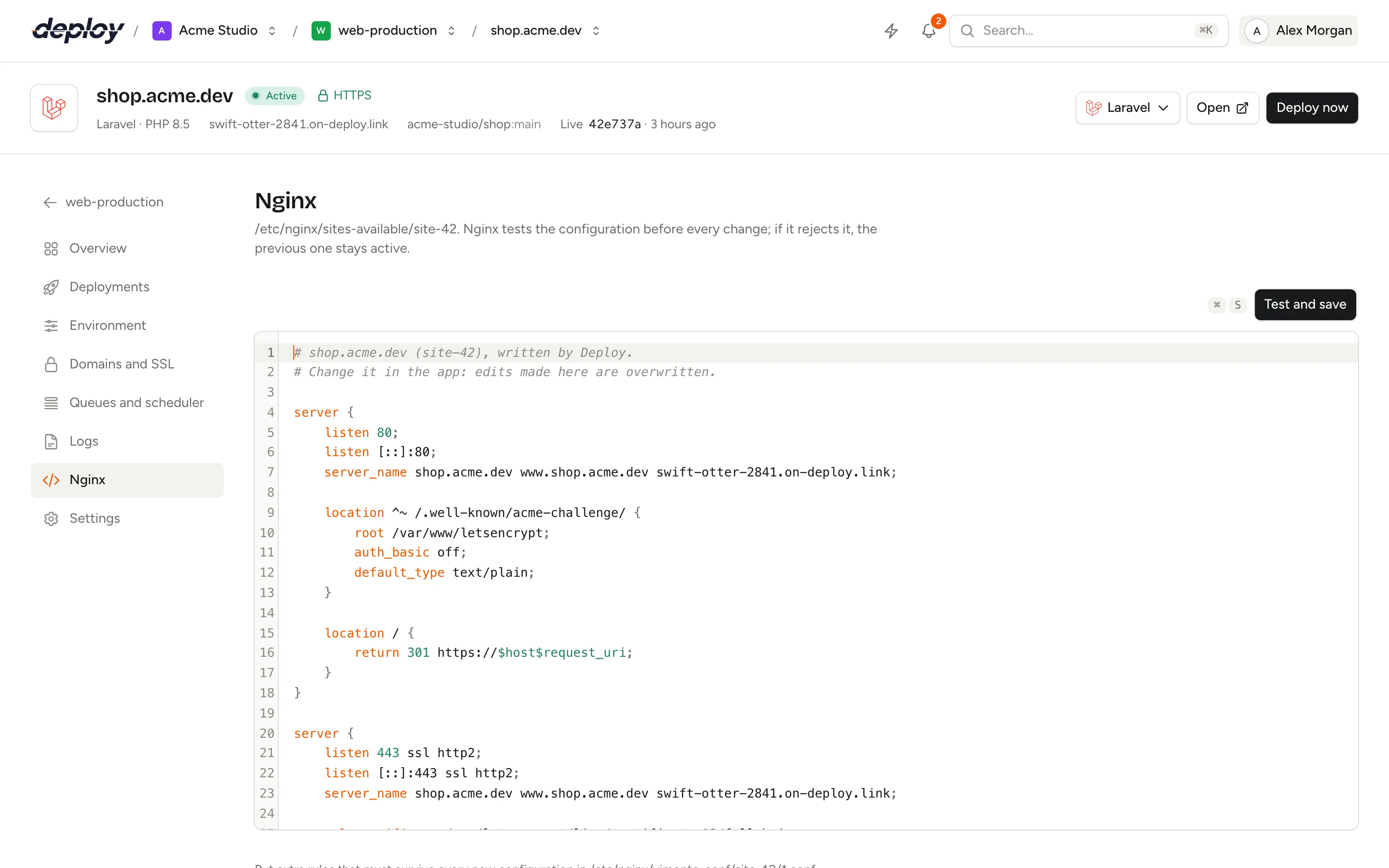 The Nginx page of a site with the generated server blocks in a code editor and the Test and save button