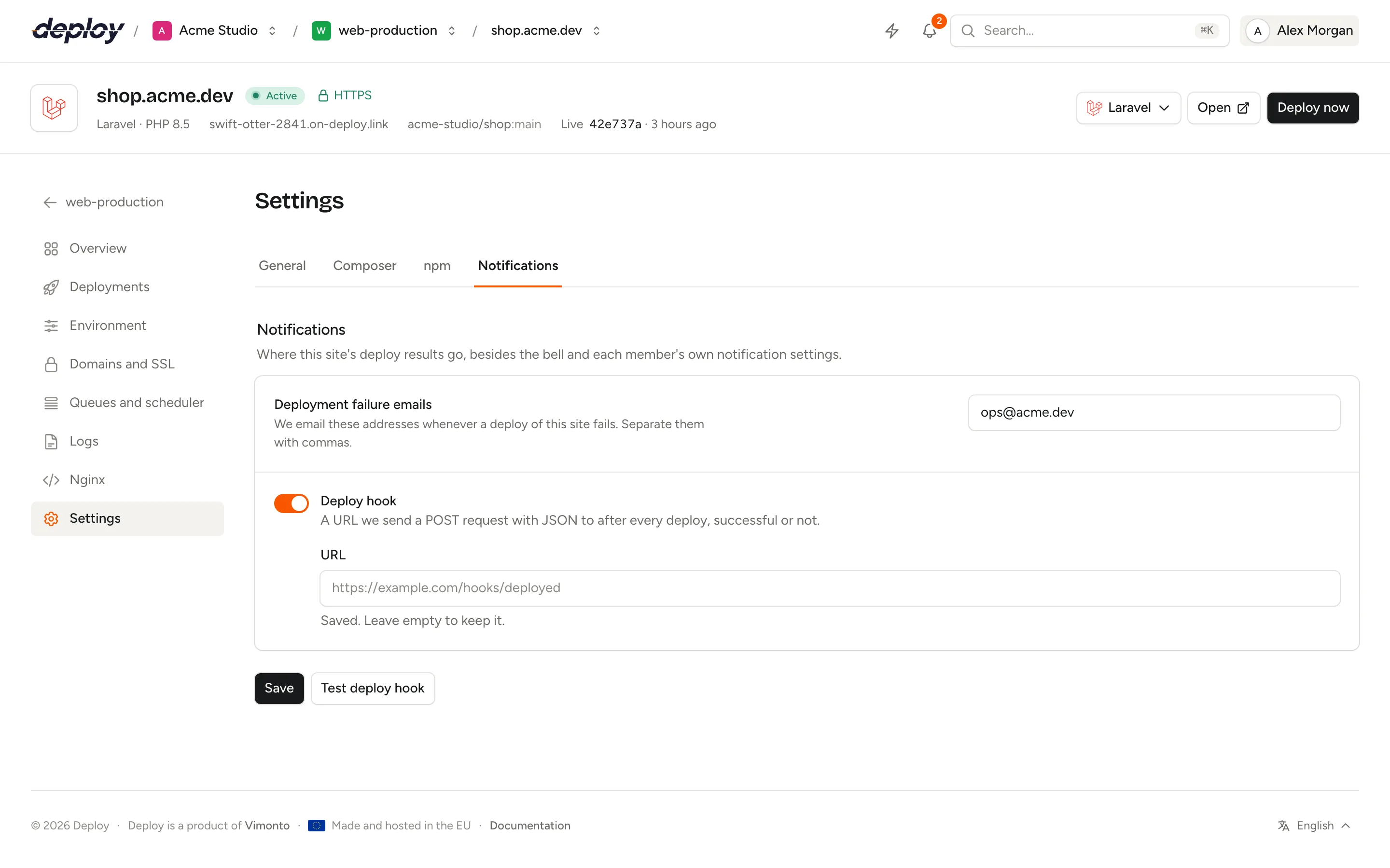 The Notifications tab of a site's settings with the deployment failure emails and the deploy hook