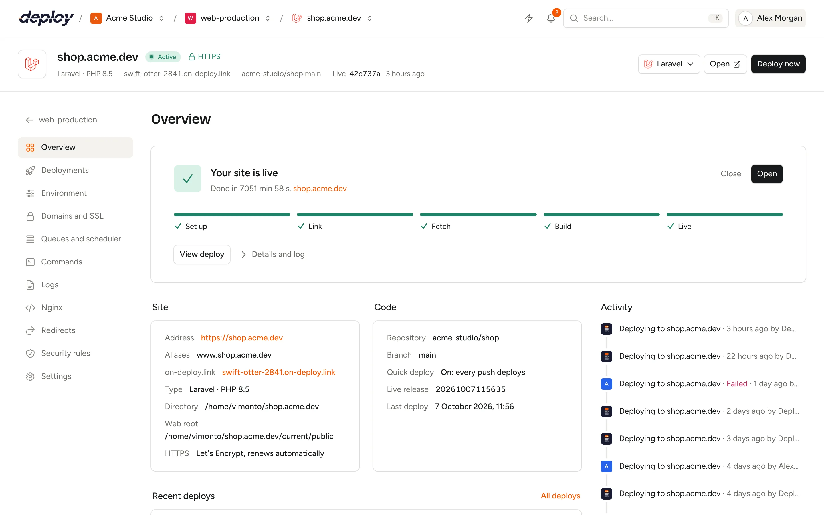 The overview of a site with its address, directory, web root, repository, branch and recent deploys