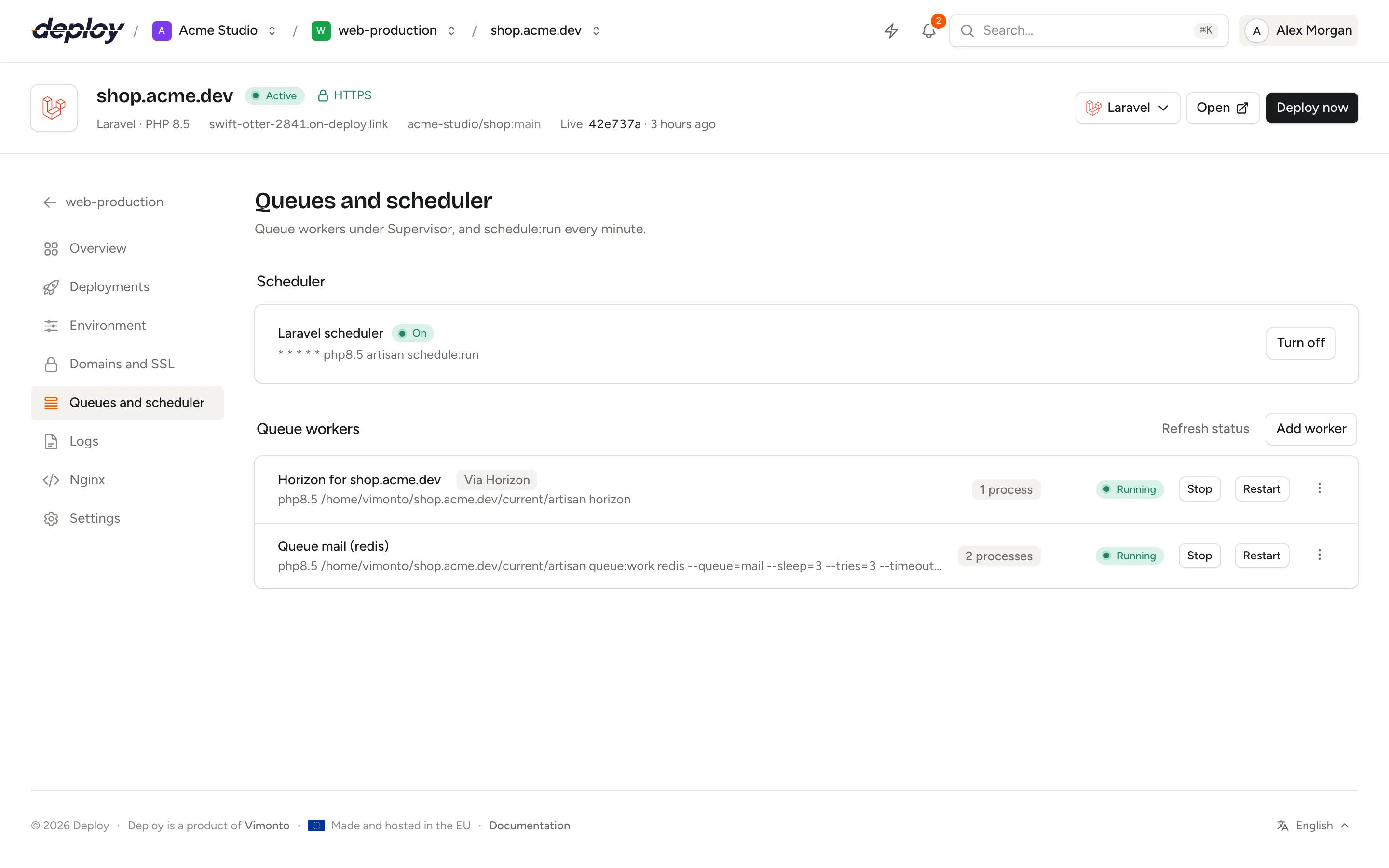 The Queues and scheduler page with the scheduler switched on and two queue workers running