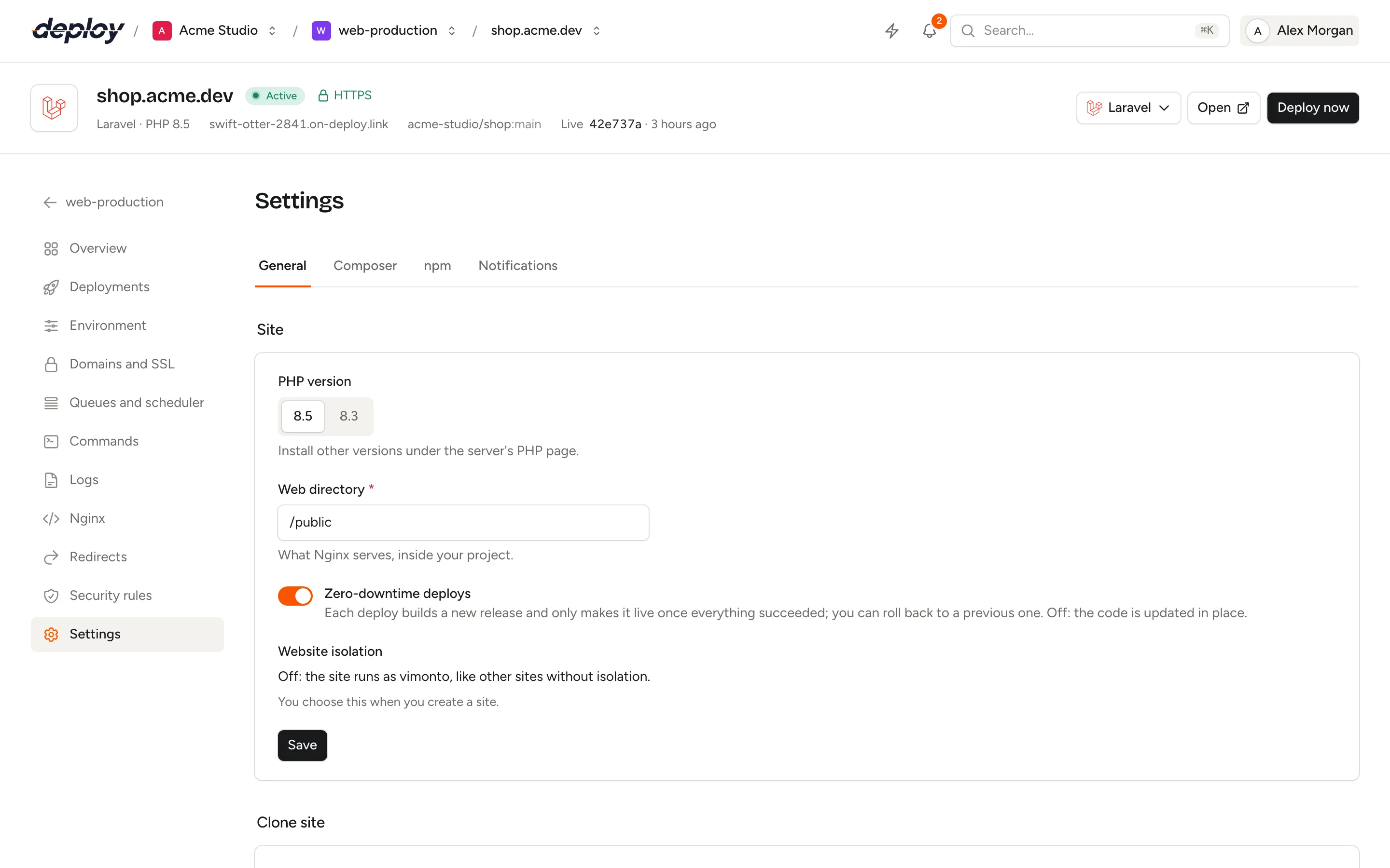 The Settings page of a Laravel site with the PHP version, web directory, zero-downtime deploys toggle and website isolation