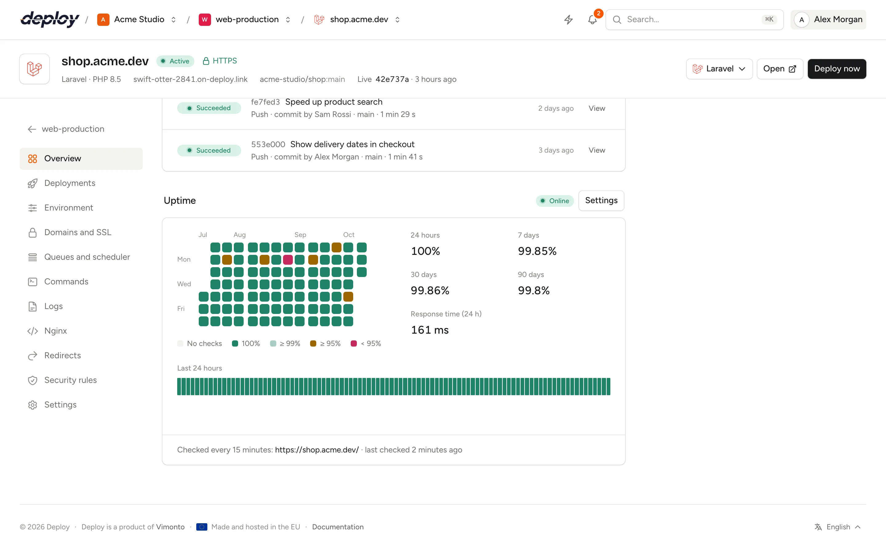 The Uptime panel of a site with its status, uptime percentages, a grid of 90 days and a strip of the last 24 hours