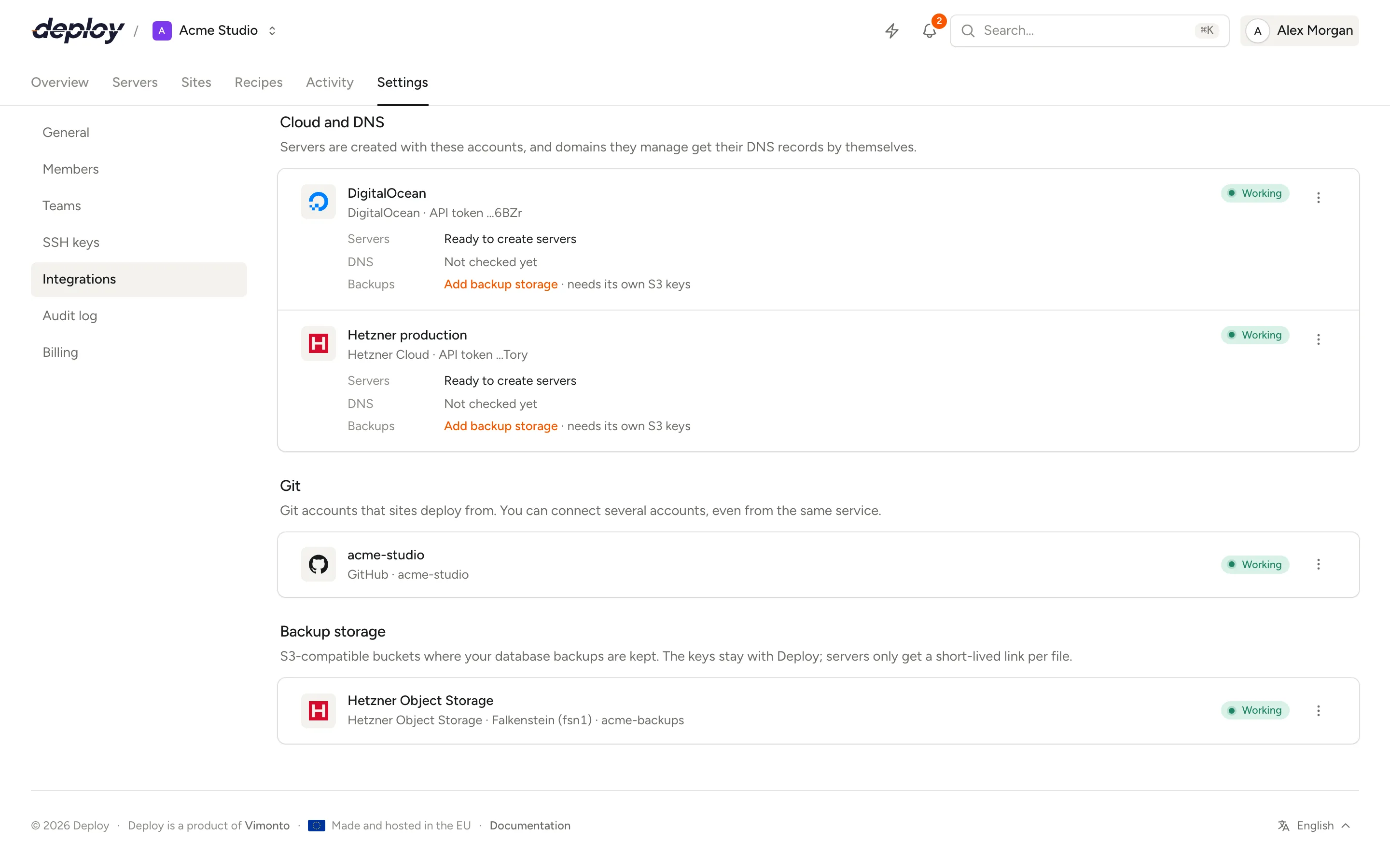 The Git section with the connected GitHub, GitLab and Bitbucket accounts