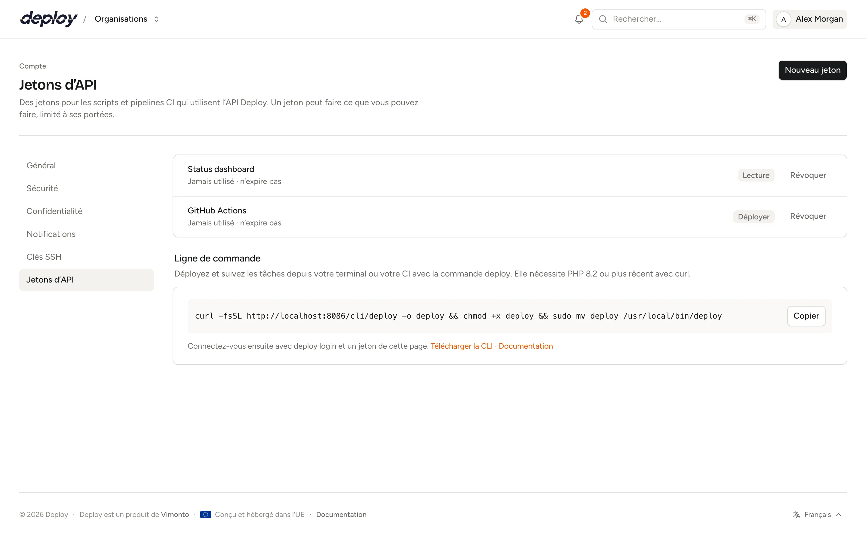 La page des jetons d’API avec une liste de jetons et leurs portées