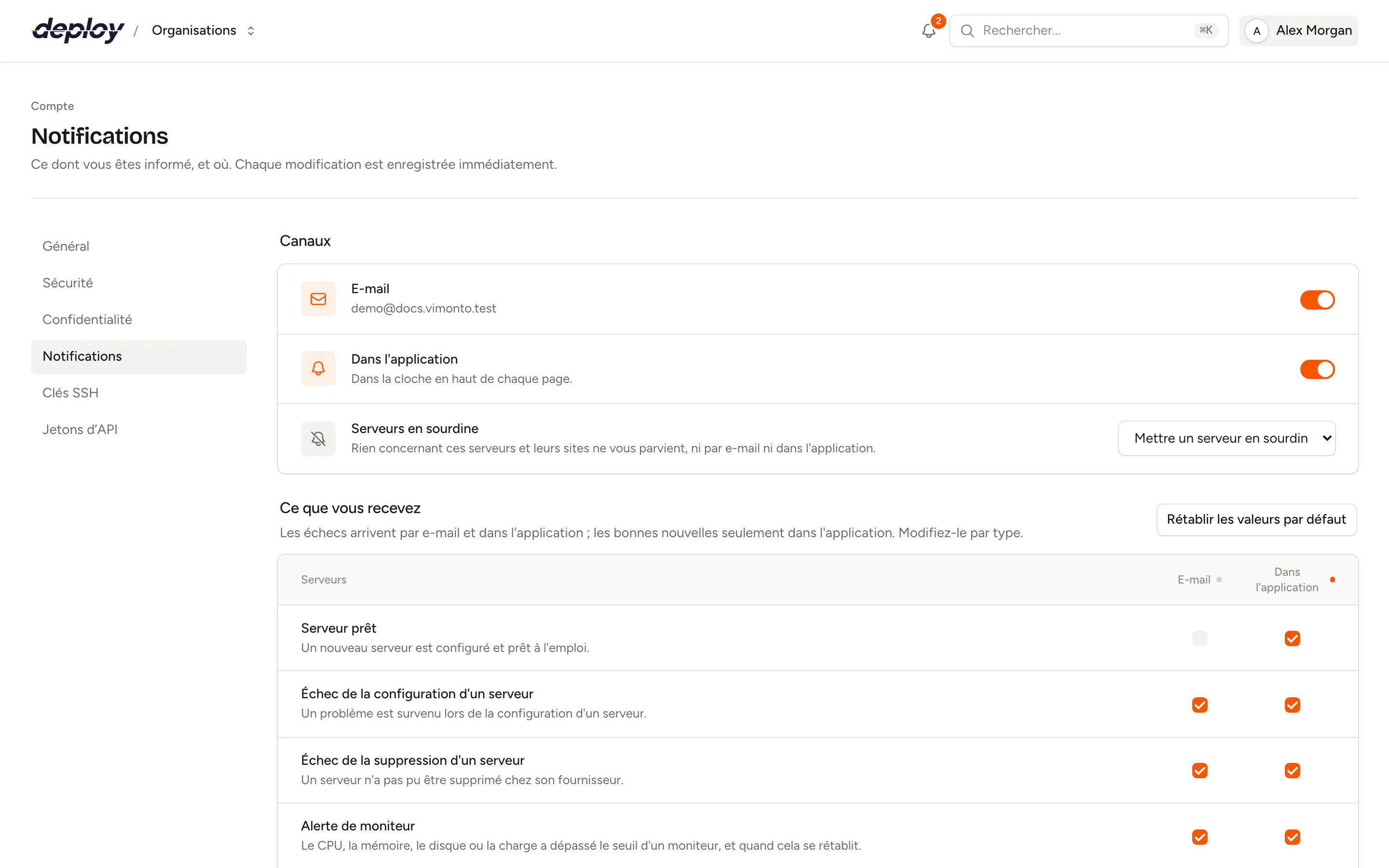 Les paramètres de notification avec les canaux e-mail et application, les serveurs en sourdine et un choix par type de notification