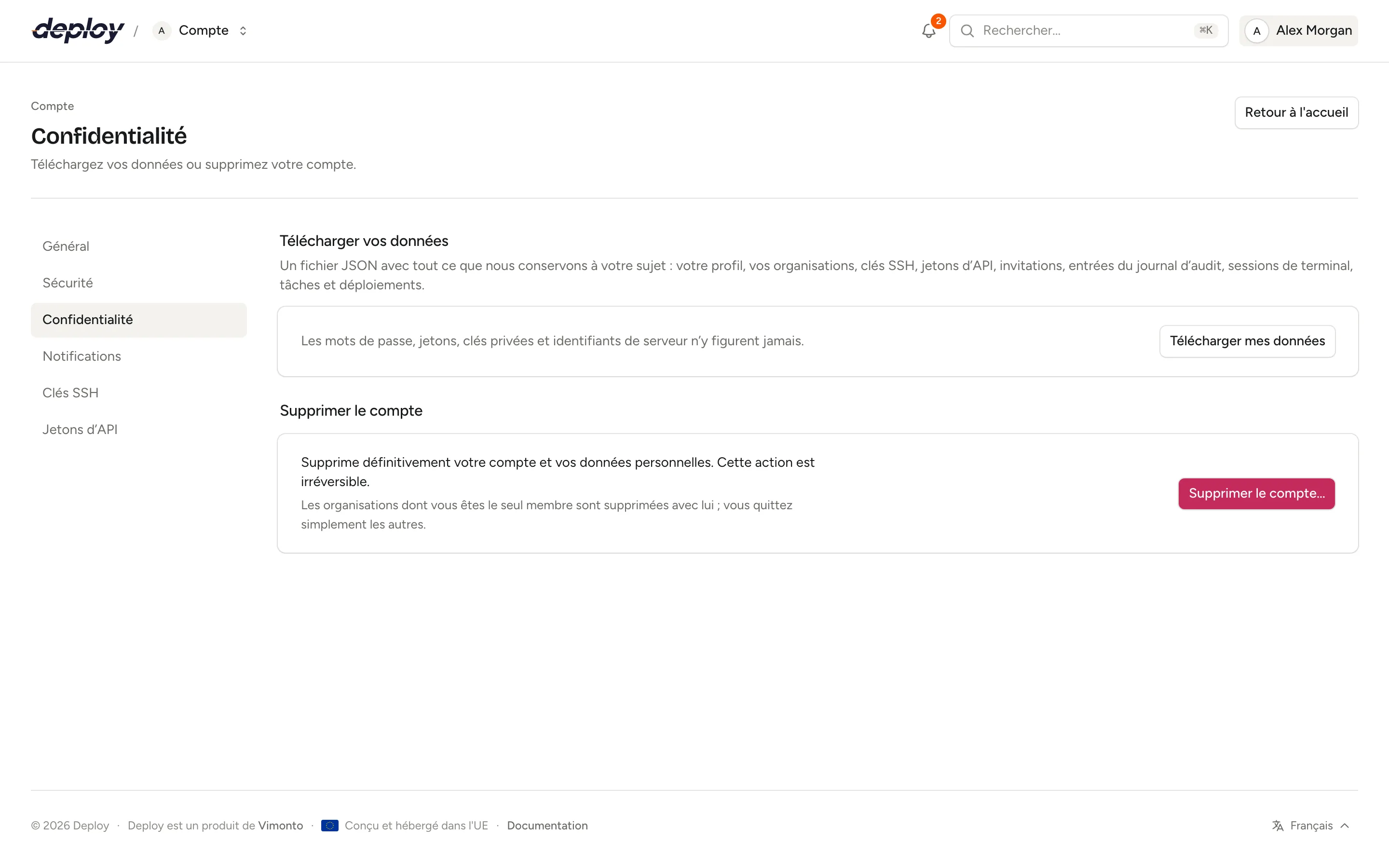 La page Confidentialité avec le téléchargement des données et la suppression du compte