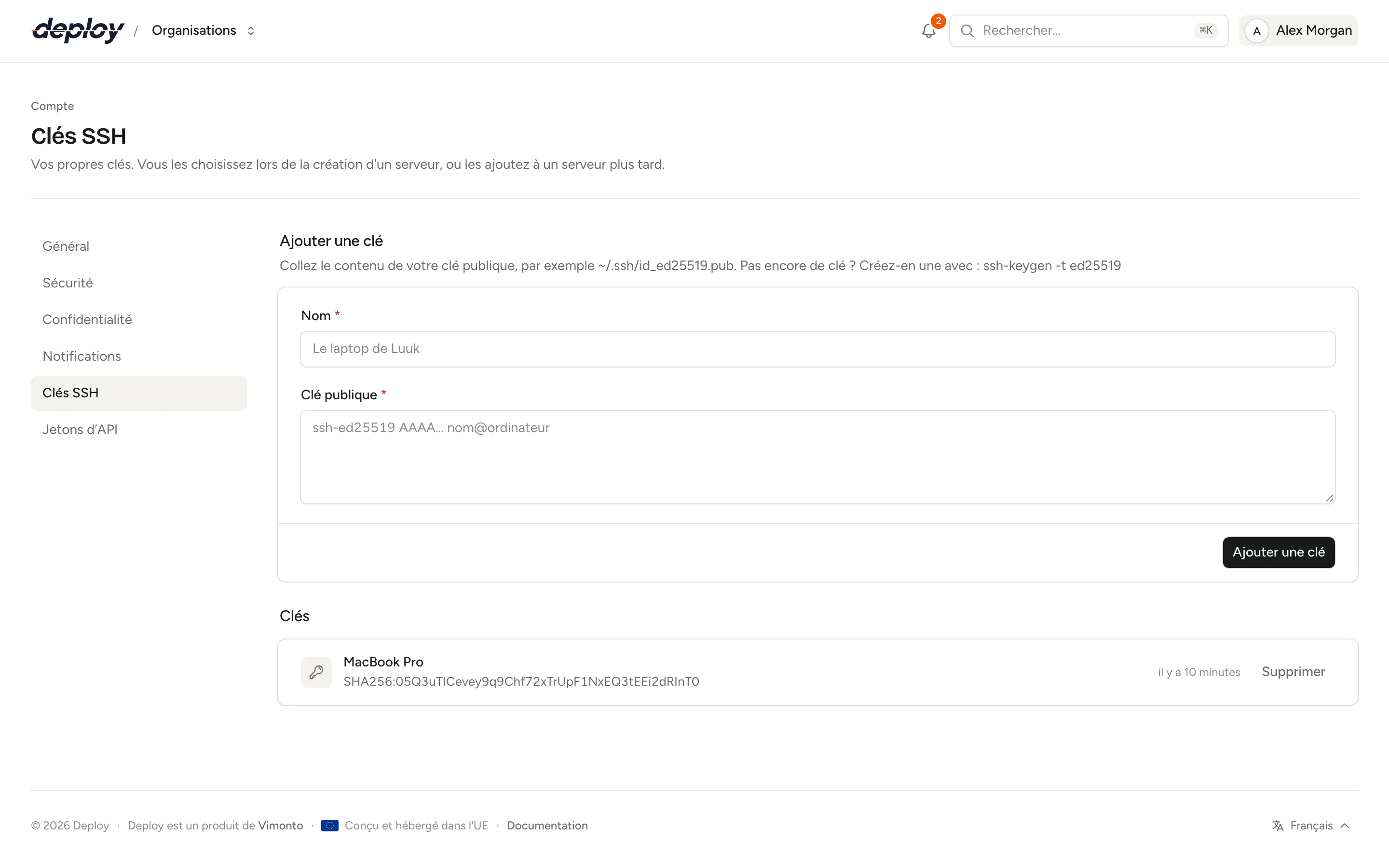 La page des clés SSH personnelles avec un formulaire pour ajouter une clé et la liste des clés