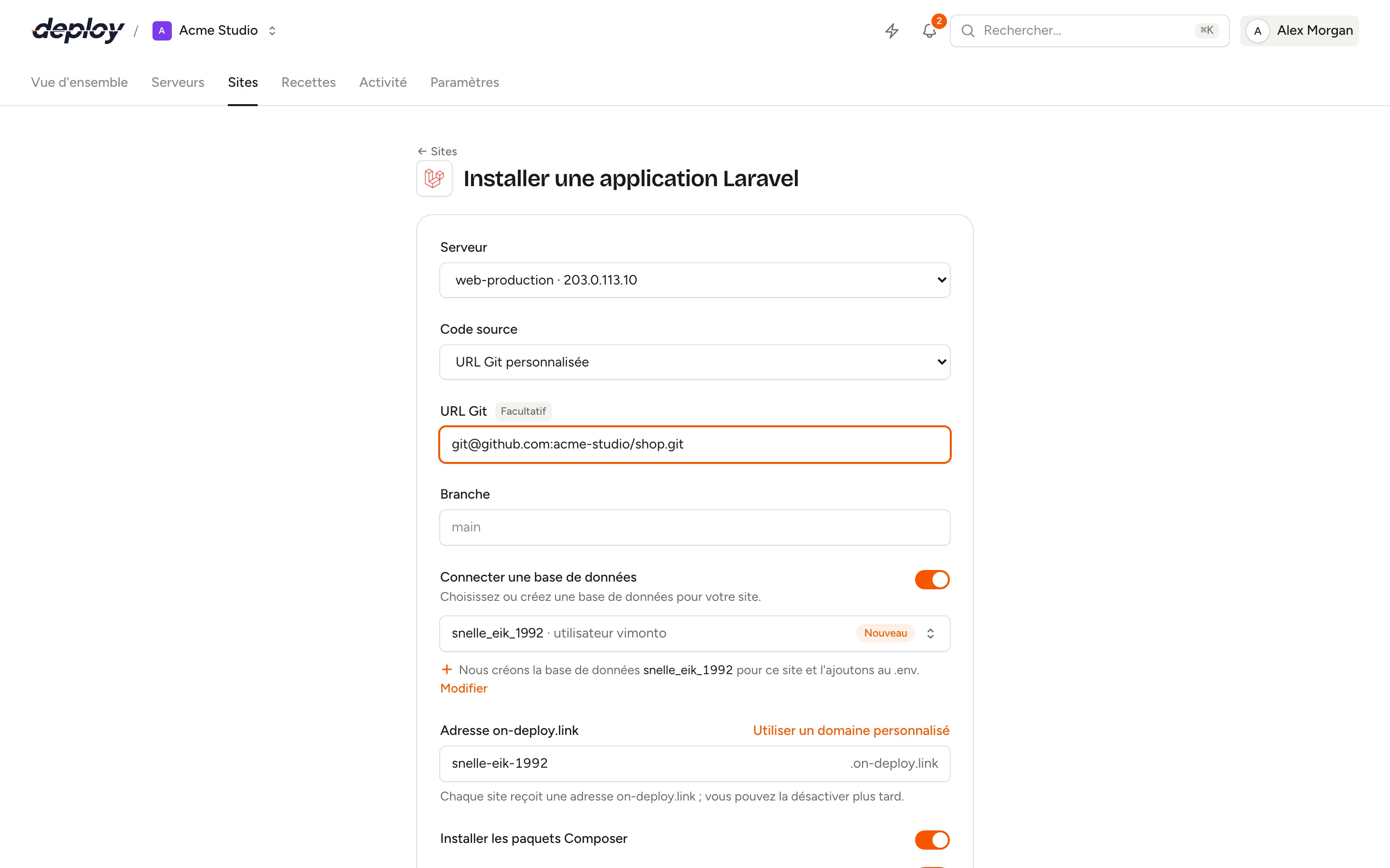 Le formulaire de nouveau site avec un serveur, un dépôt, une base de données et une adresse générée renseignés