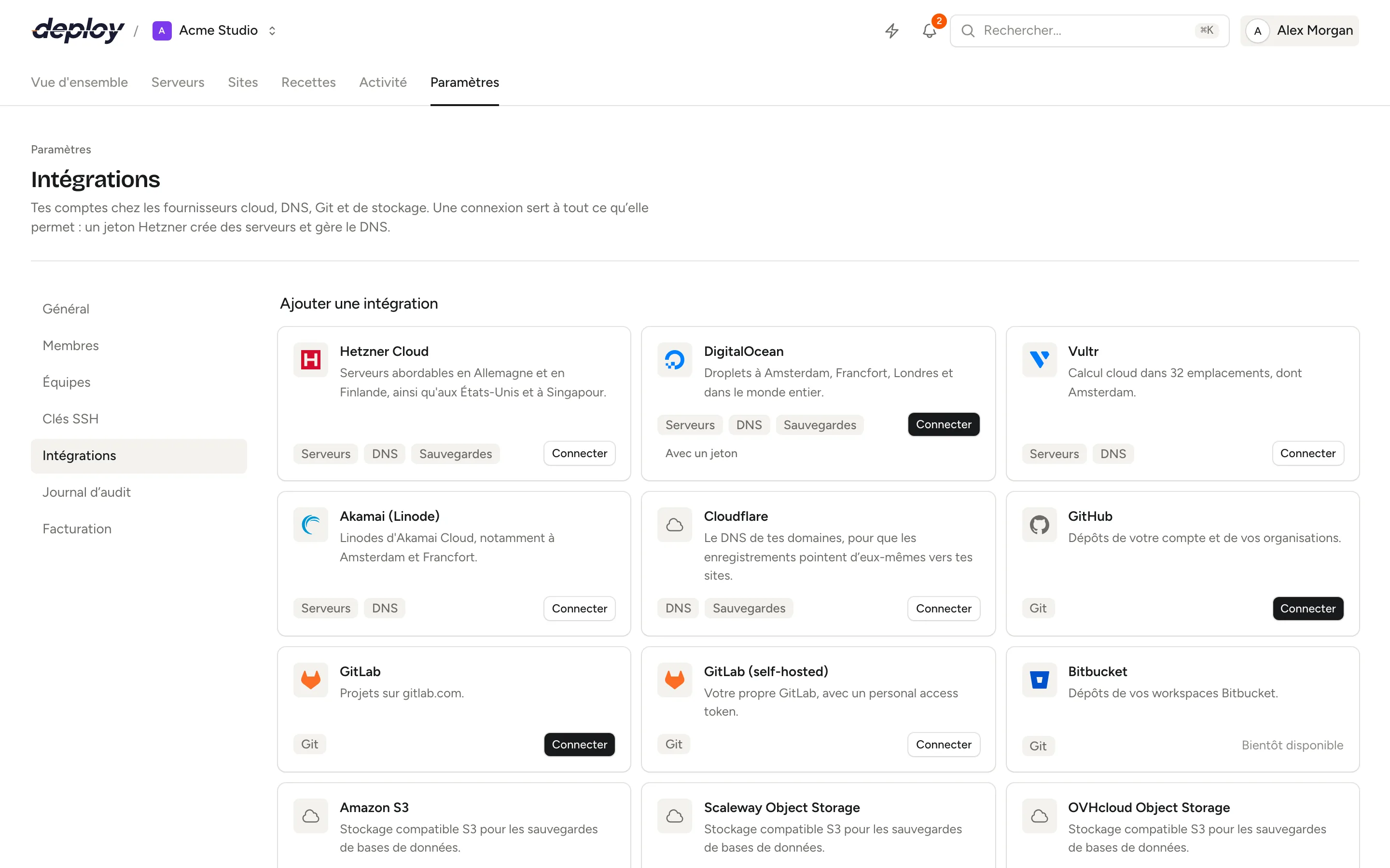 La page Intégrations avec le catalogue des fournisseurs et les comptes connectés